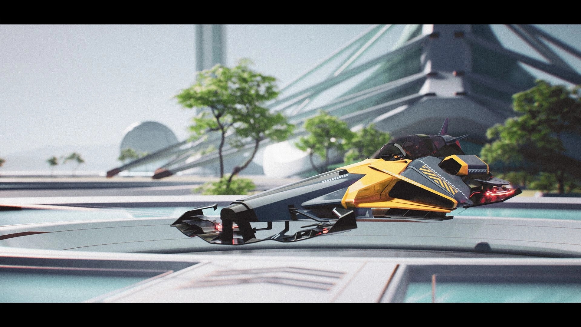 AGX GP: Yellow anti-gravity racer gliding above sleek track in futuristic city with trees and towers.