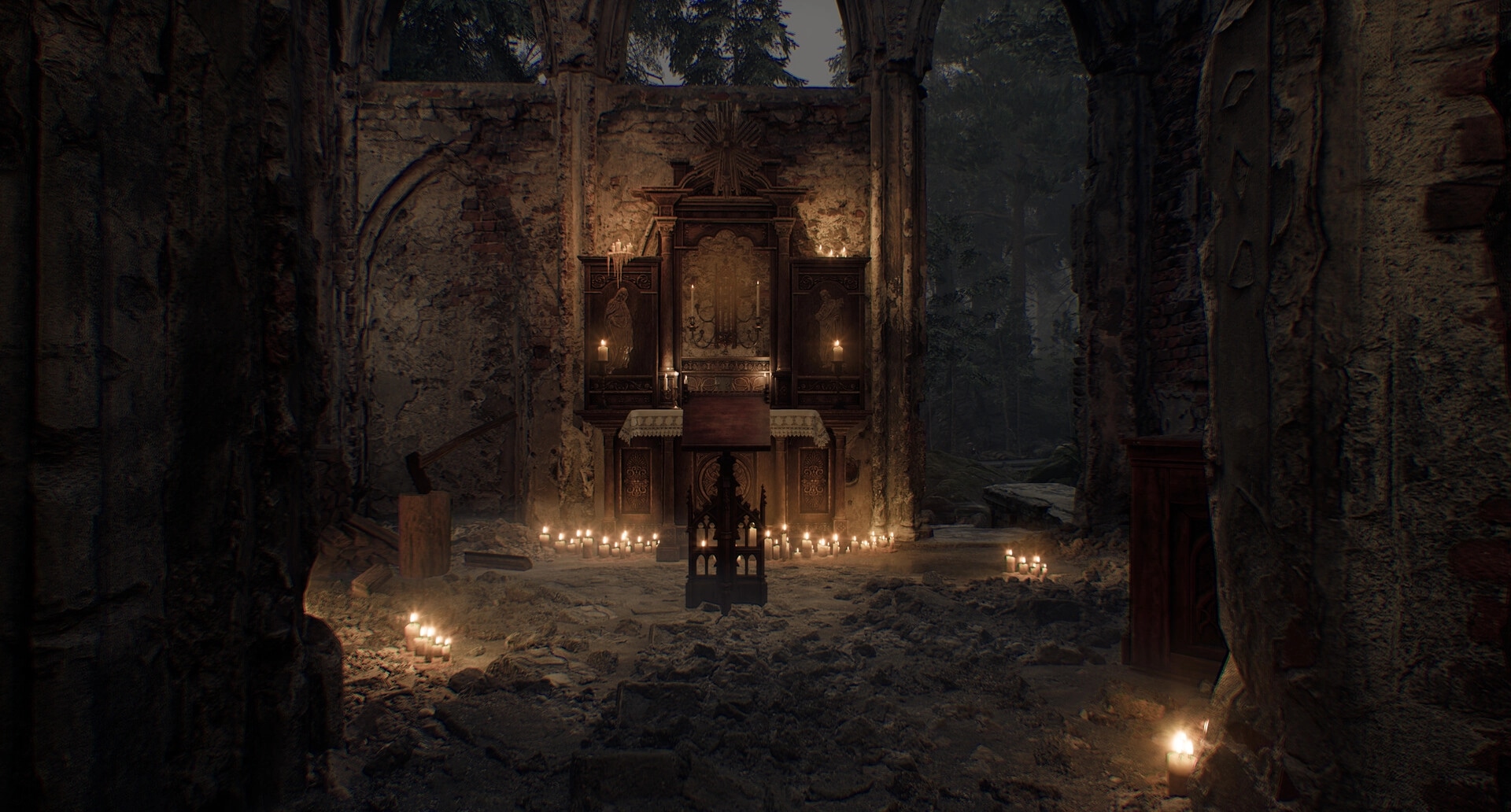 A.I.L.A: Dimly lit ruined chapel with candles scattered on the ground in a haunting forest setting