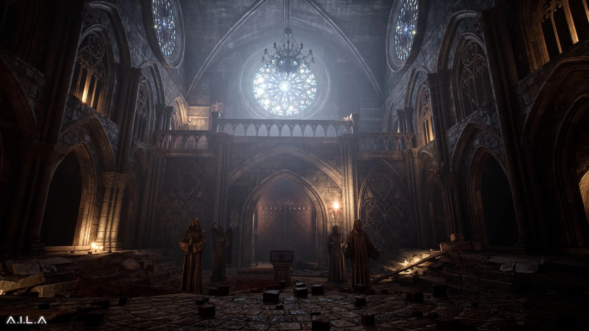 A.I.L.A: Hooded figures stand in a dimly lit, abandoned cathedral with a large stained glass window.