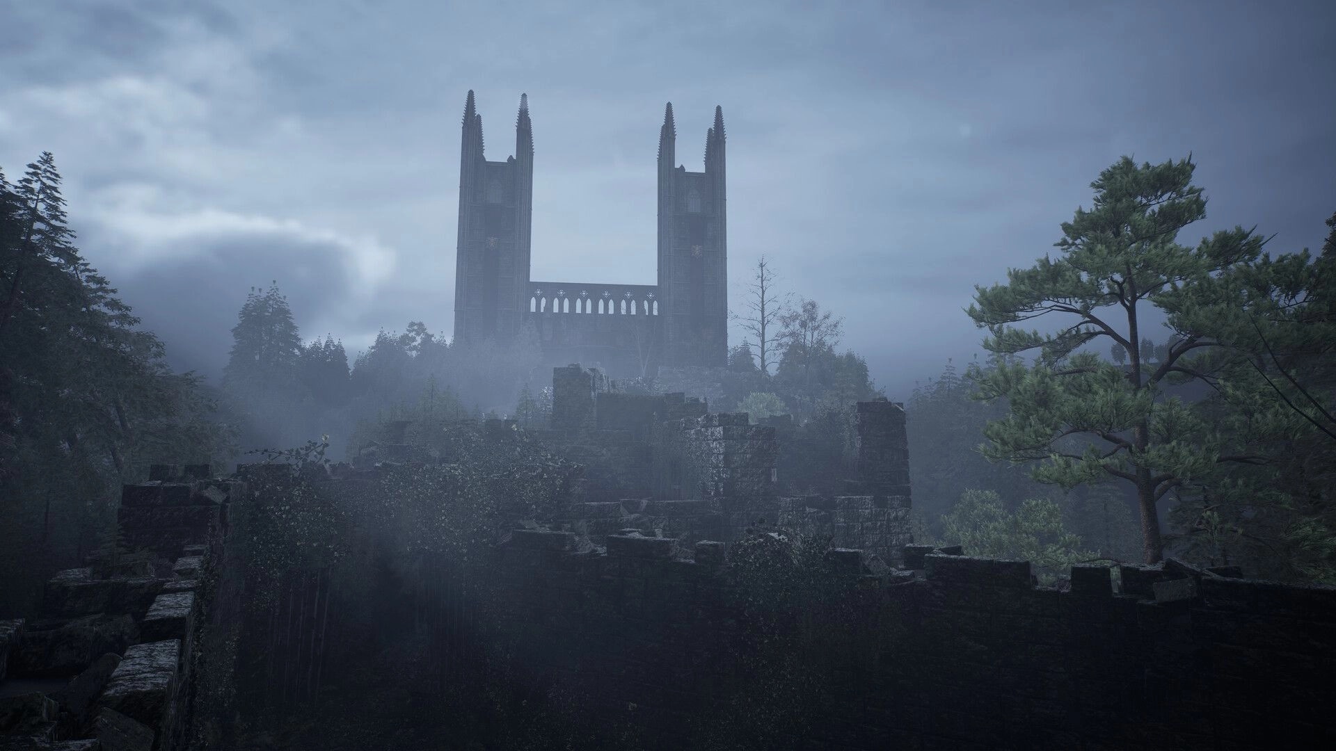 A.I.L.A: Foggy ruins with towering gothic structure in dense forest, creating eerie atmospheric tension
