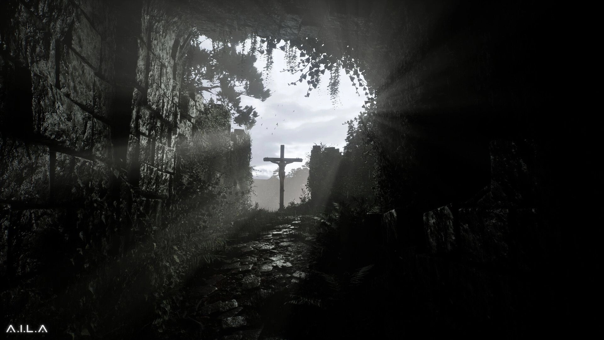 A.I.L.A: Dark tunnel view leading to a stone cross under a cloudy sky, surrounded by overgrown ruins.