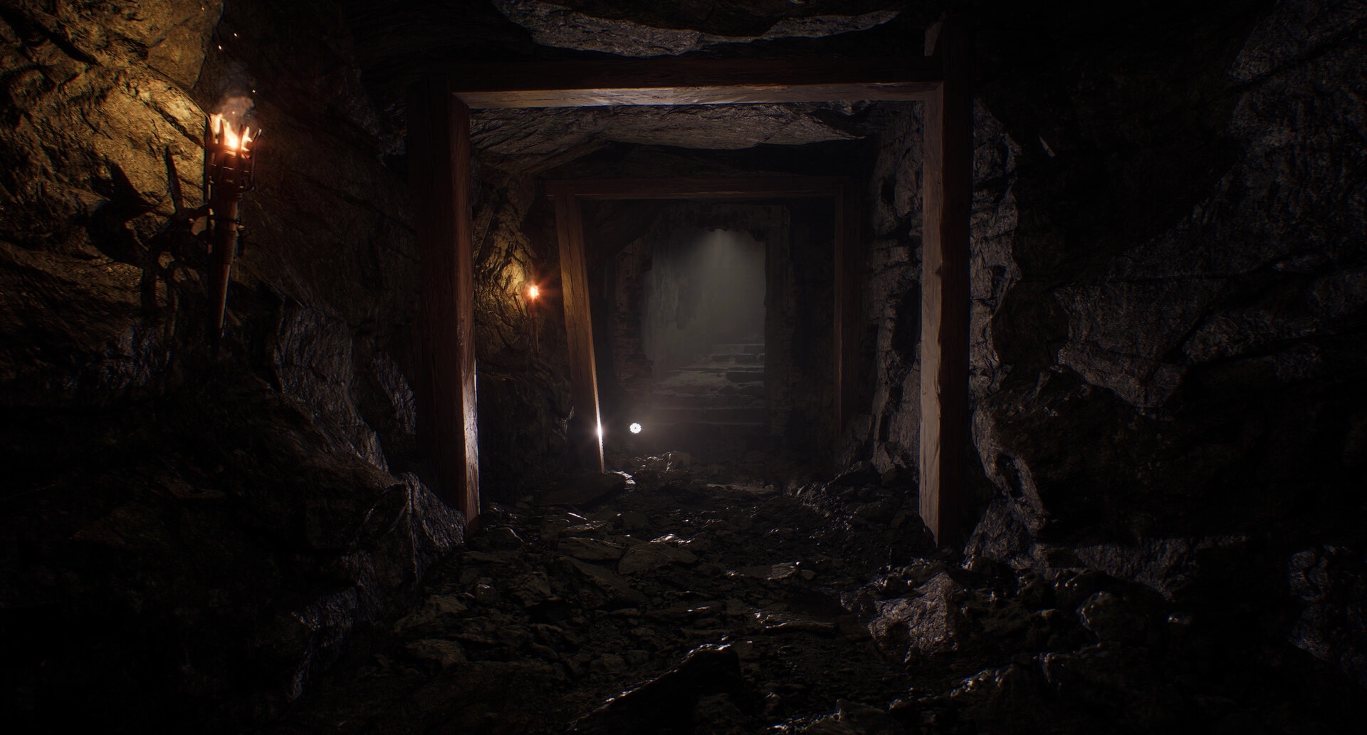A.I.L.A: Dimly lit cave corridor with torches on stone walls and wooden supports in a dark, eerie setting.