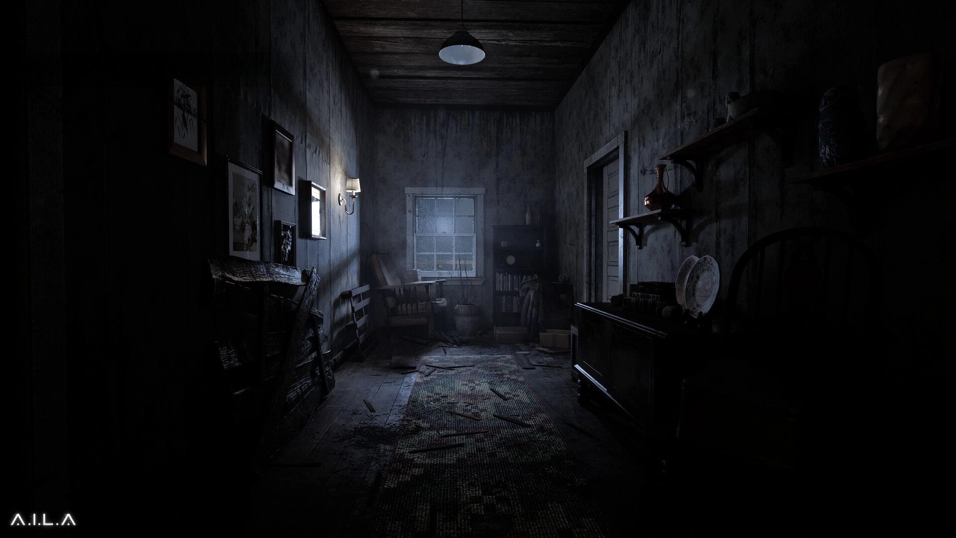 A.I.L.A: Dimly lit abandoned hallway with scattered debris and old furniture in a decrepit house setting.