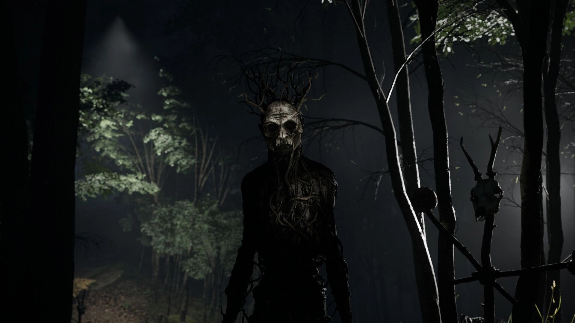 A.I.L.A: Creepy humanoid figure with tree-like features standing in a dark, eerie forest environment