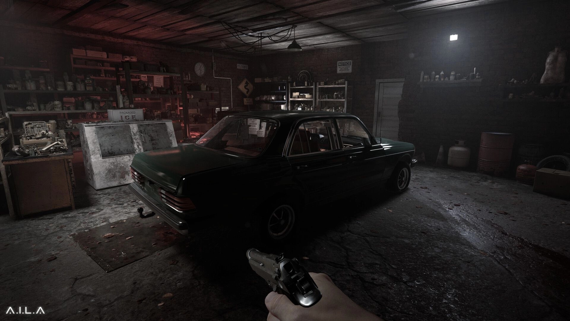 A.I.L.A: Player aims a handgun inside a dimly lit garage with a vintage car and cluttered shelves