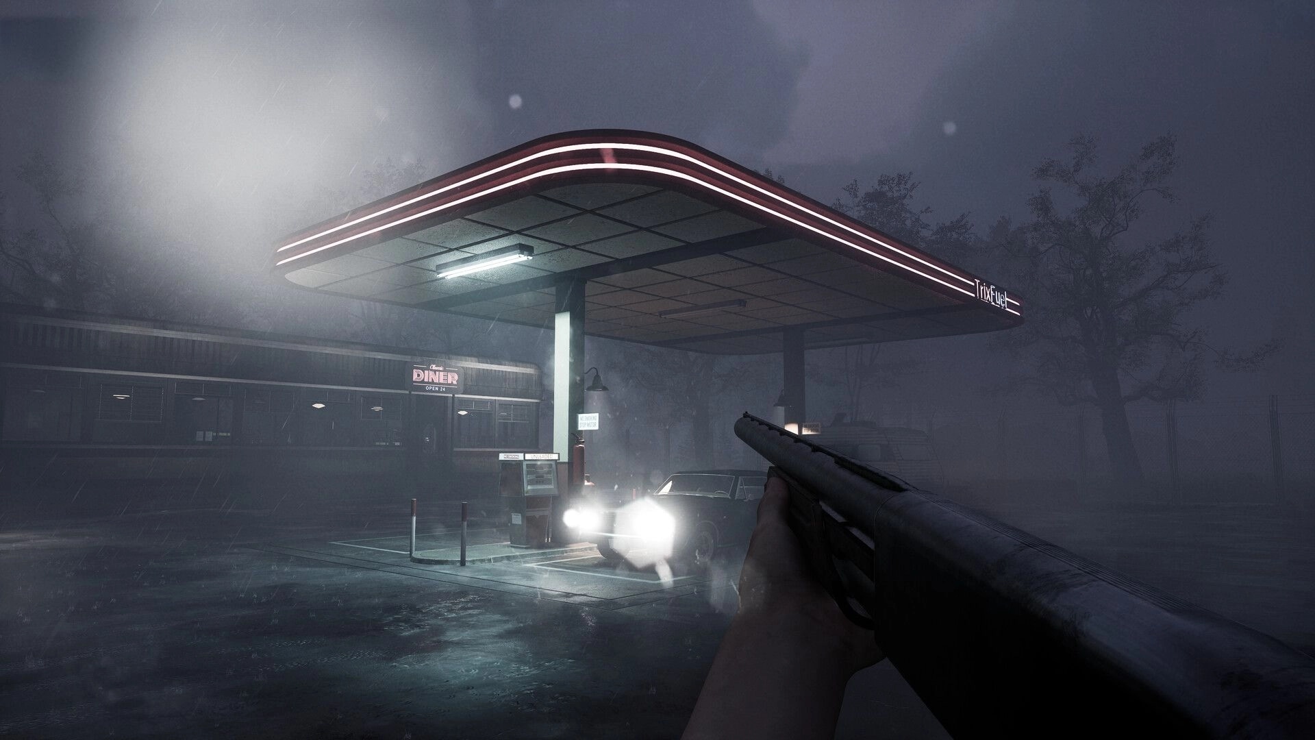A.I.L.A: Player aims shotgun at car under dimly lit gas station canopy in foggy, eerie night setting.