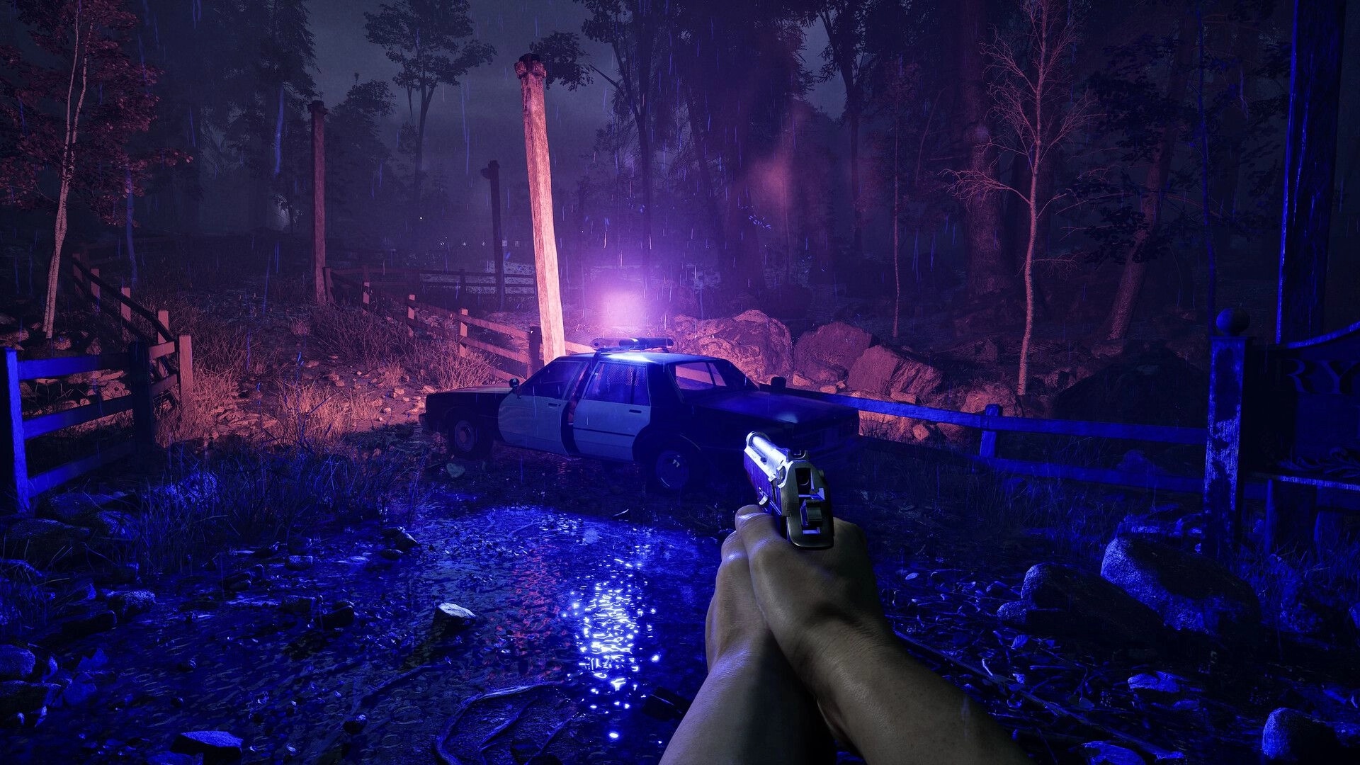 A.I.L.A: Player aims a gun at an abandoned police car in a dark, eerie forest environment