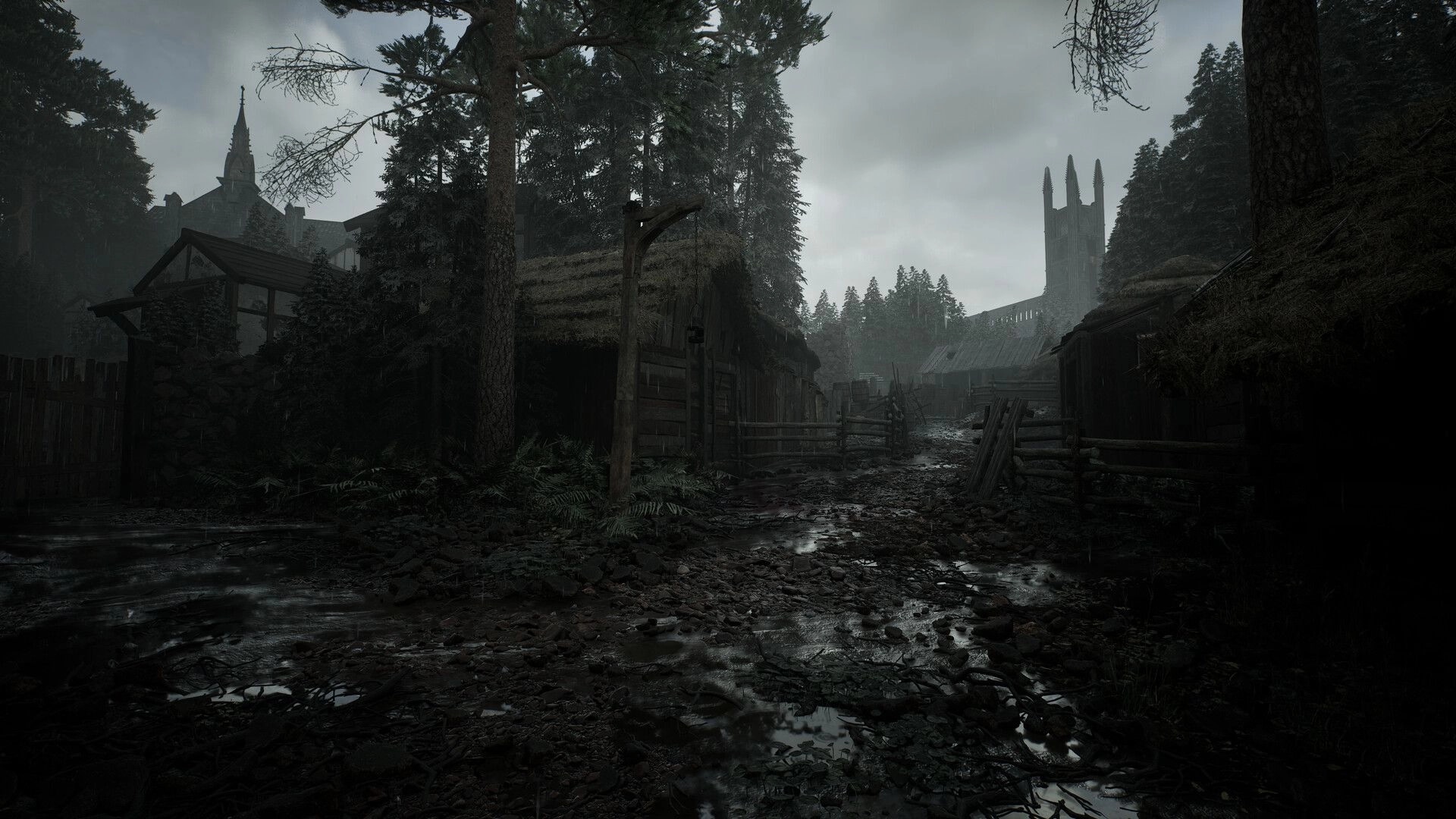 A.I.L.A: Abandoned village street with muddy path and ominous church in dark, foggy forest environment.