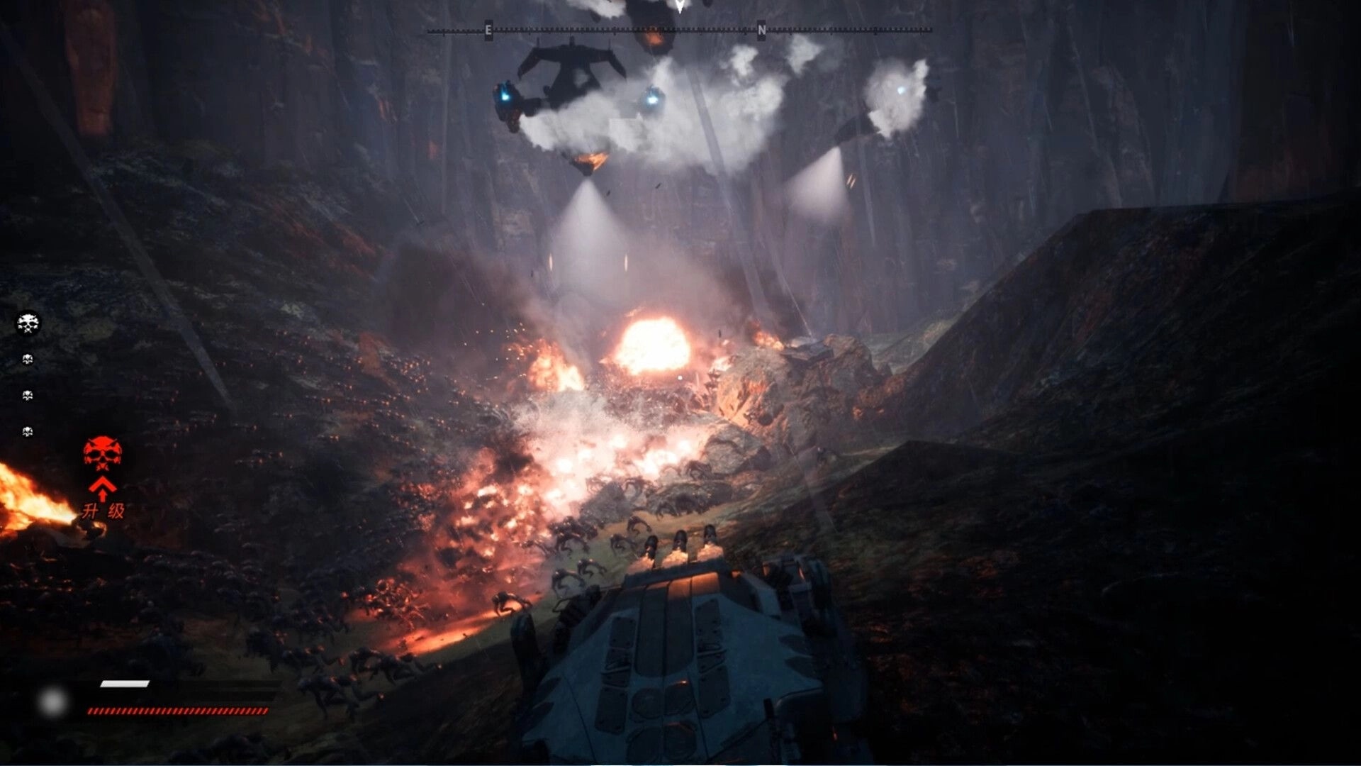 AINUR: Gunship bombardment ignites explosions in a rainy canyon, with compass and status icons UI visible.