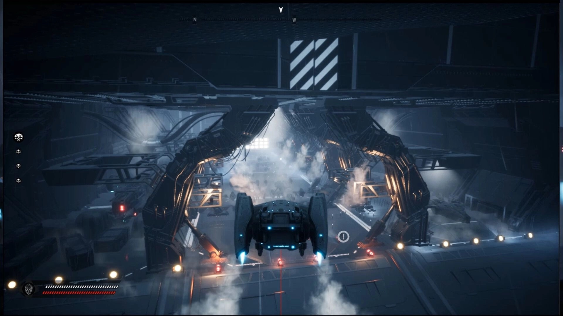 AINUR: Hovercraft flying into a smoky industrial hangar bay with HUD compass and status bars visible.