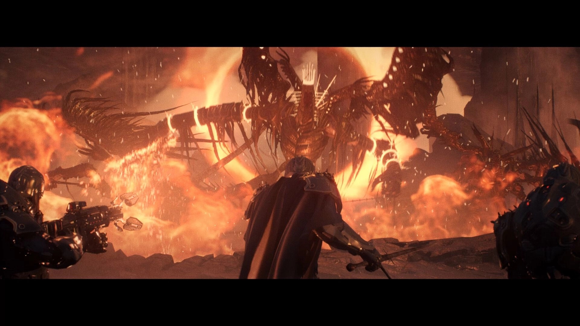 AINUR: Three armored fighters face a towering winged demon amid blazing fire and ash-filled ruins.