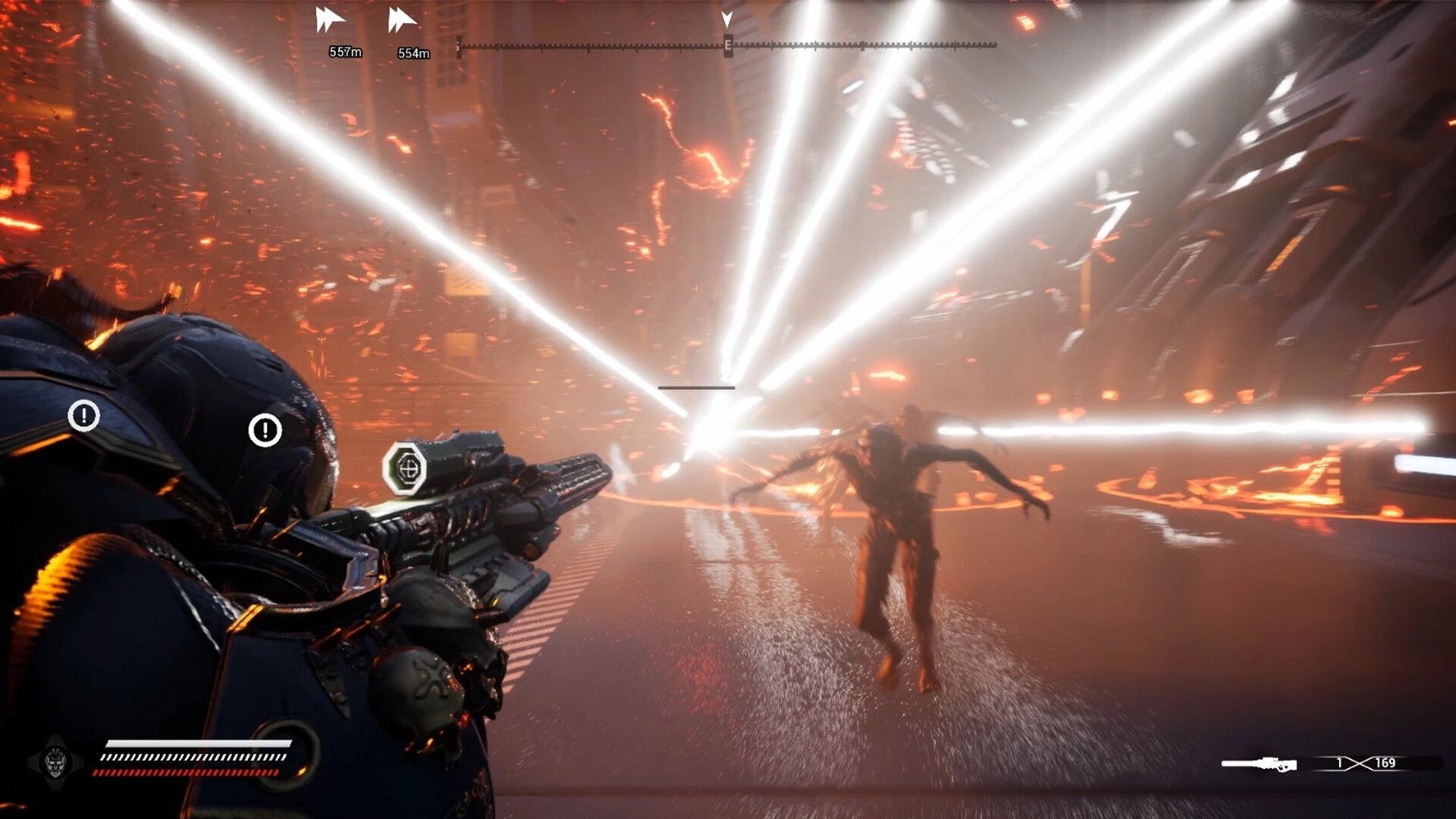 AINUR: Armored soldier aims rifle at charging mutant as bright beams streak through burning ruins HUD visible.