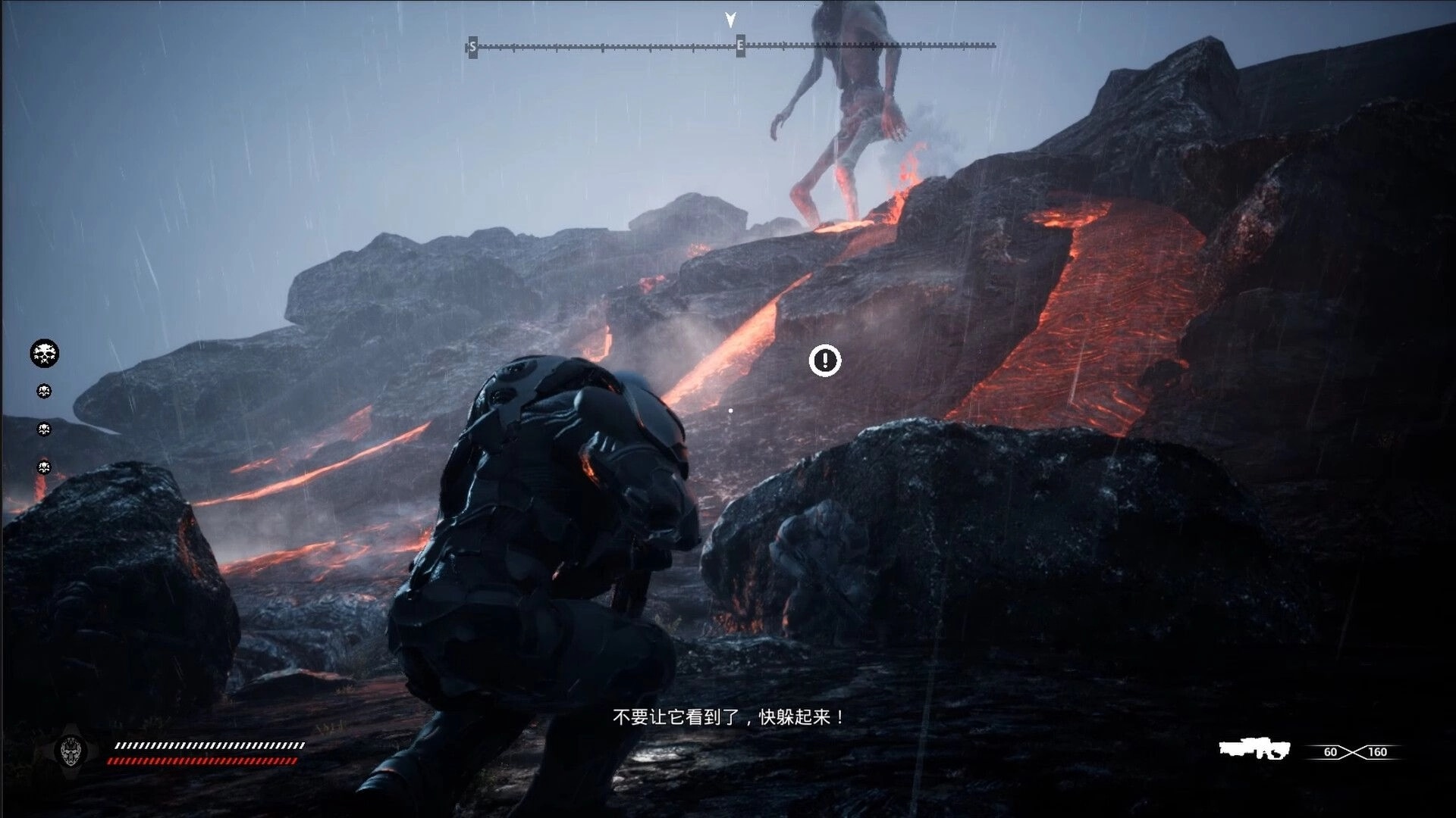 AINUR: Crouched armored survivor aims at towering humanoid by lava flows in rainy volcanic rocks.