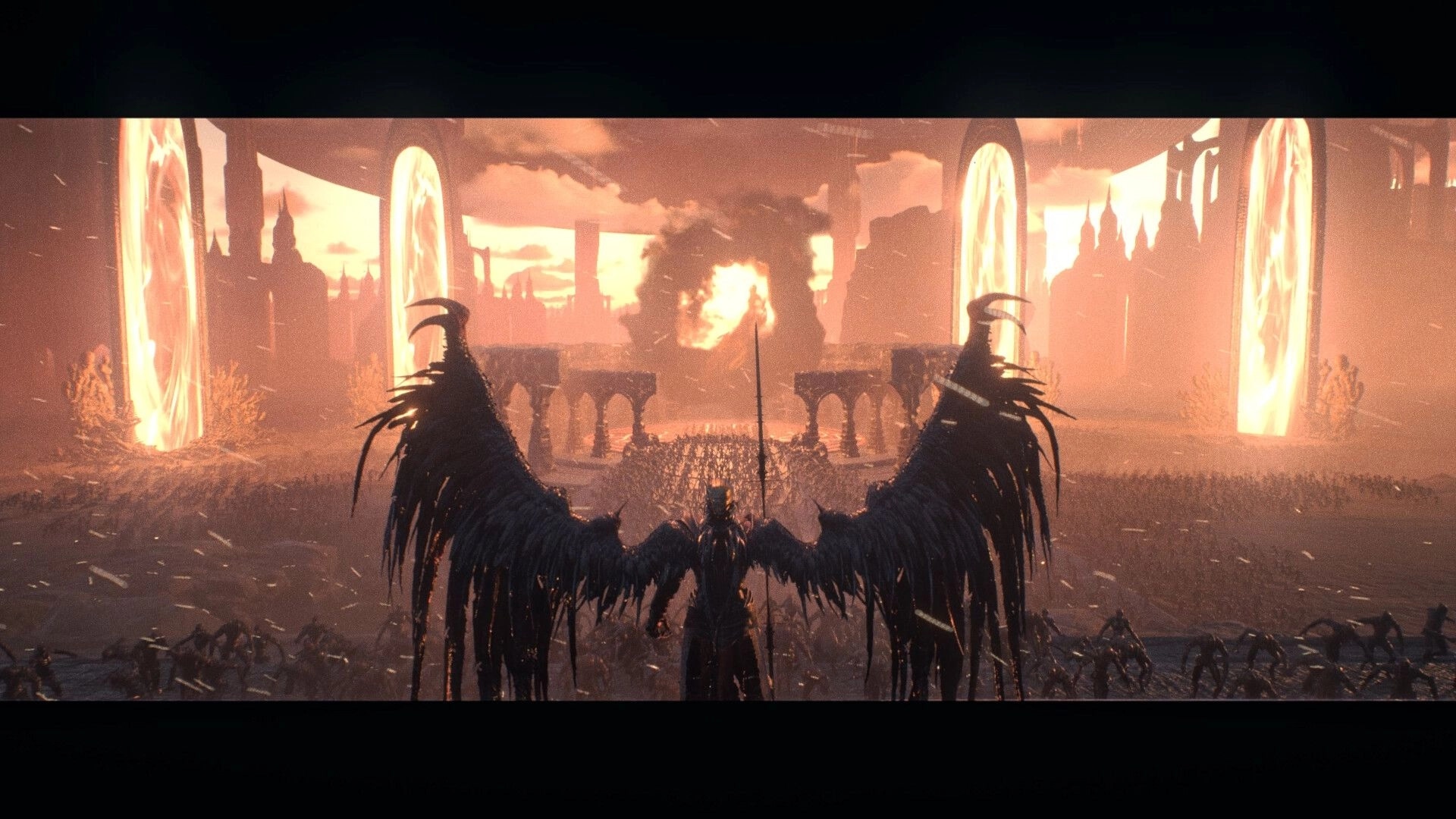 AINUR: Winged warrior overlooks a ruined city arena with glowing portals and distant firestorm sky.