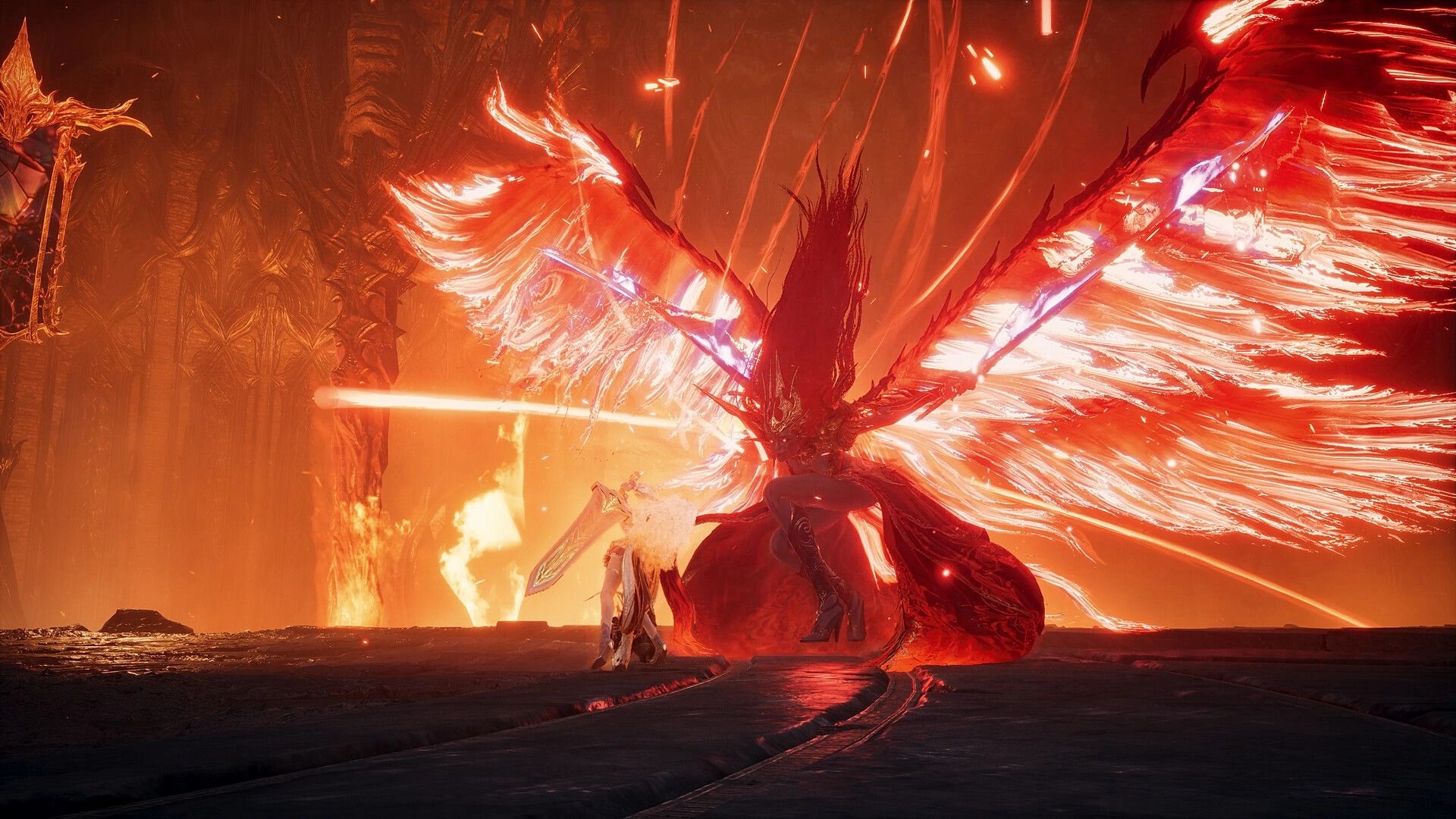 AION 2: Warrior faces a blazing winged demon boss in a fiery cathedral arena with lava glow.