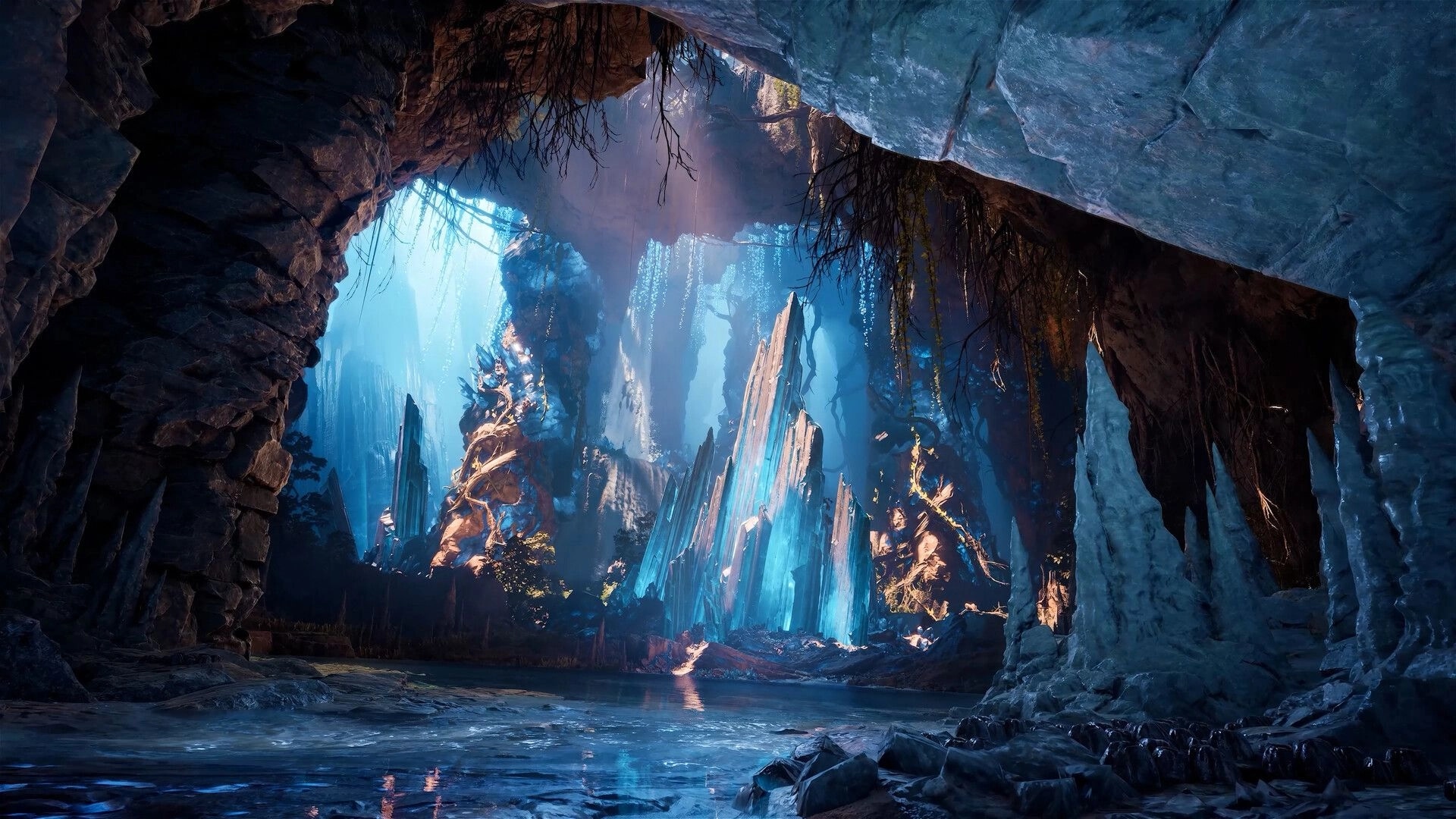 AION 2: Exploring a vast crystal-lit cave with shallow water, stalactites, and sunbeams overhead.