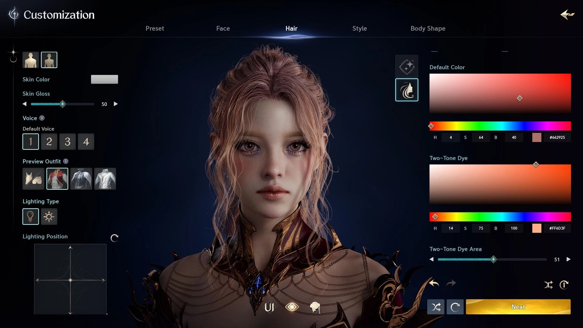 AION 2: Character customization hair tab with female portrait, dye sliders, and outfit preview UI.