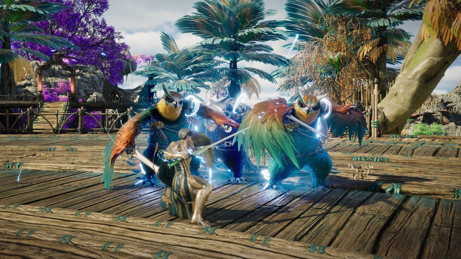 AION 2: Armored swordfighter faces three glowing owl-beasts on a wooden dock amid palms.