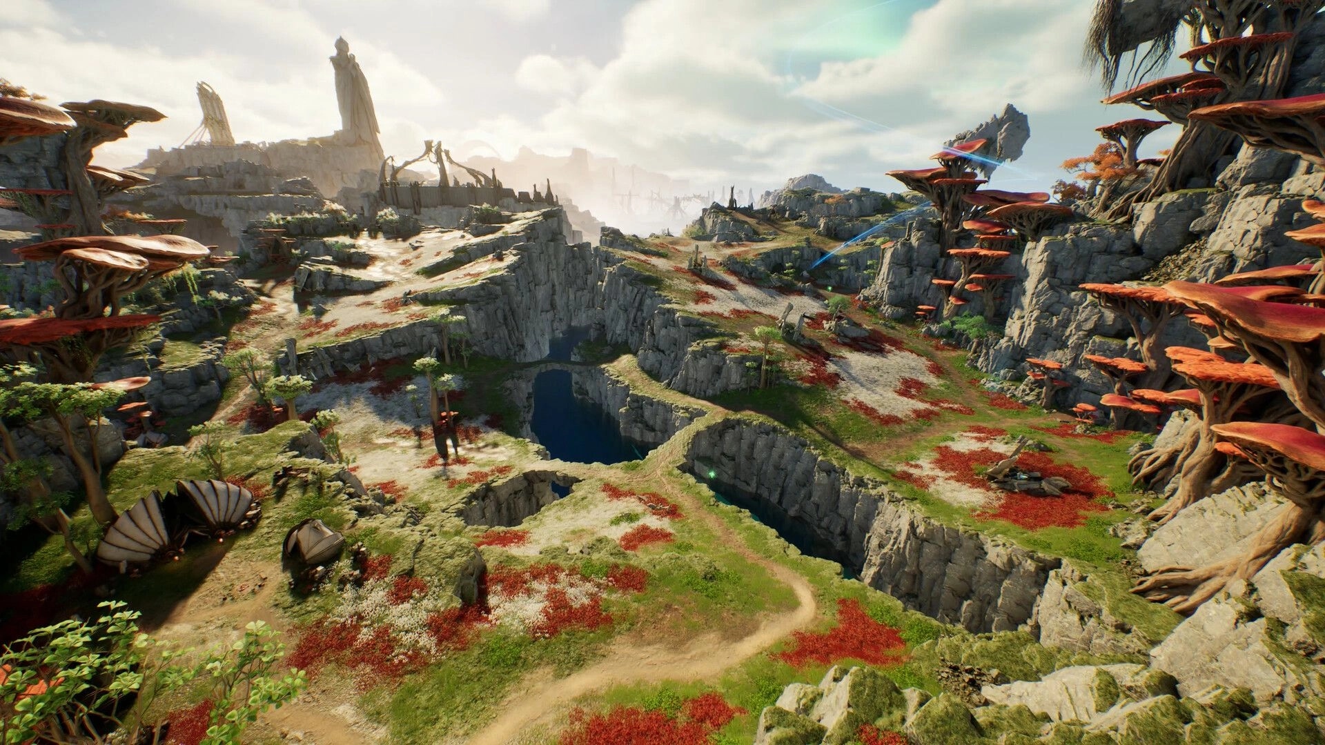 AION 2: Panoramic rocky canyon with winding paths, red groundcover, and giant mushroom trees.