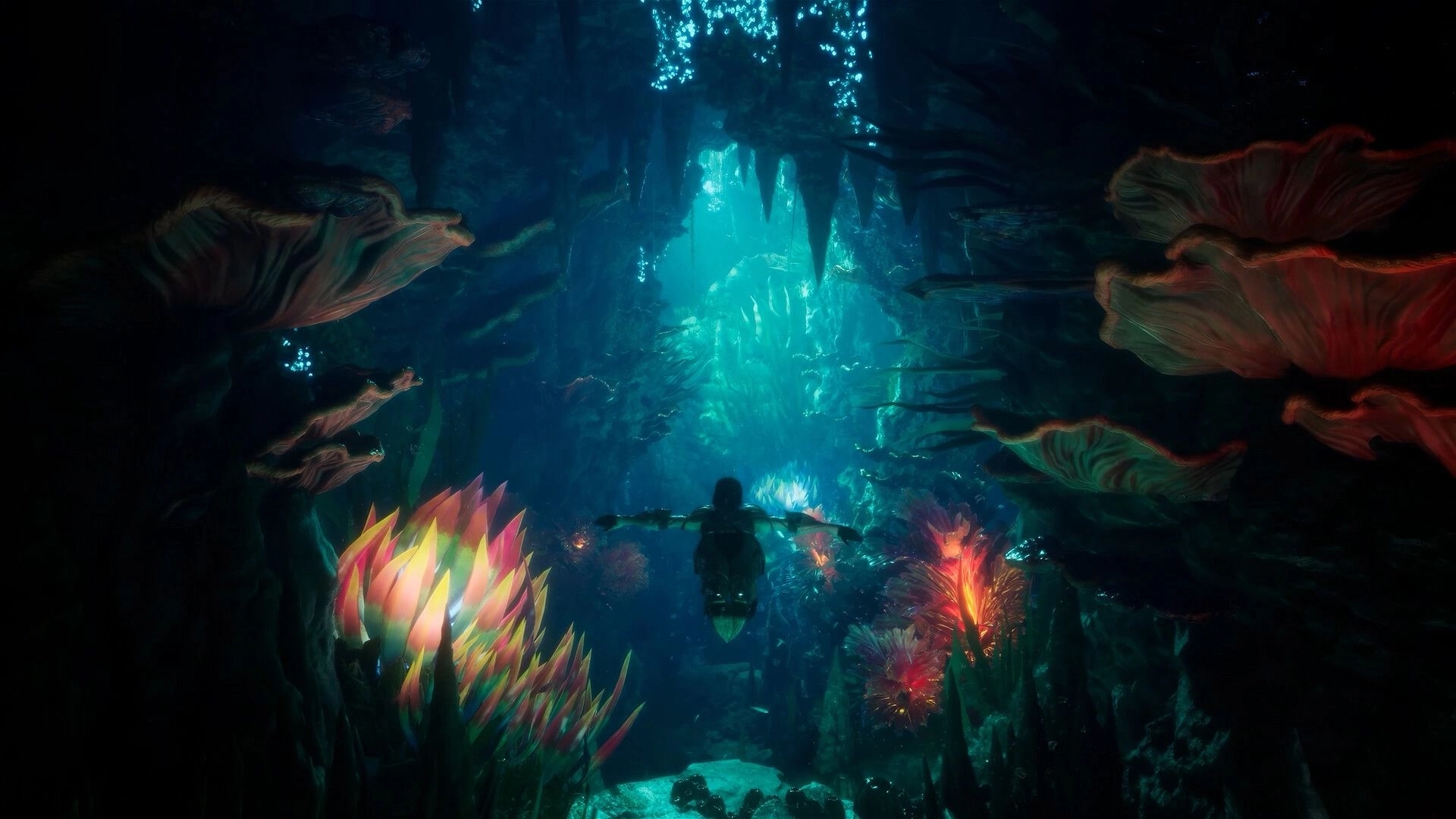 AION 2: Player swims through a glowing underwater cavern with colorful coral and light beams ahead.