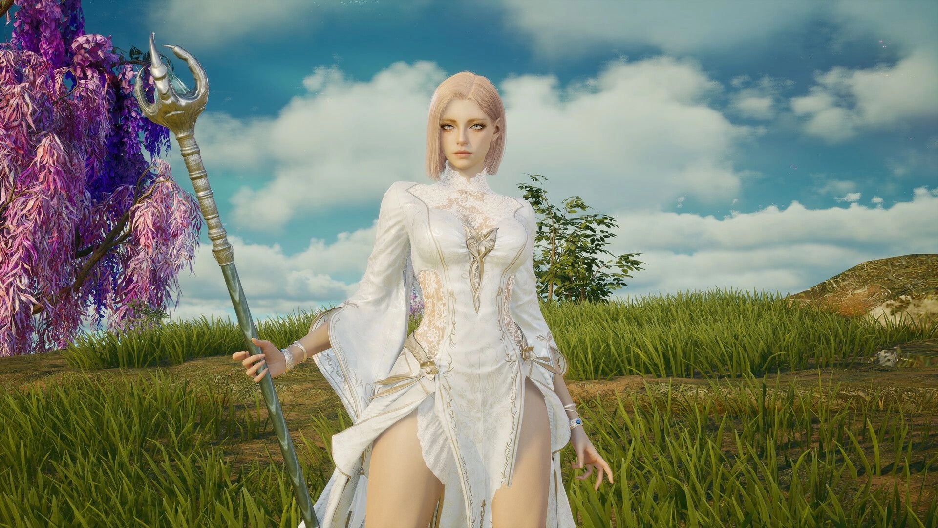 AION 2: White-robed mage holding a staff in a grassy field beside a purple tree under blue sky.