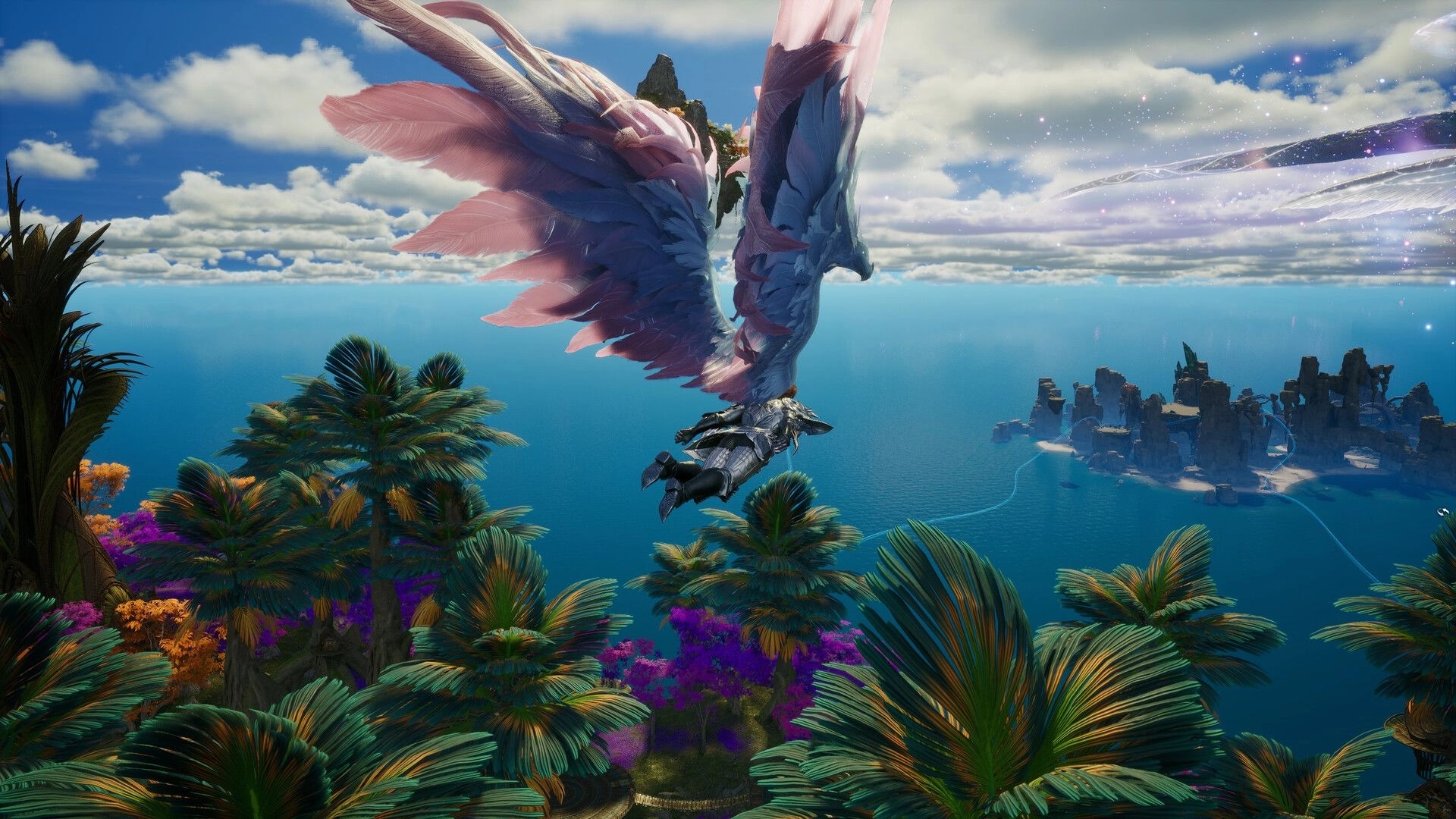 AION 2: Winged Daeva glides over tropical treetops and purple blooms toward distant rocky islands.