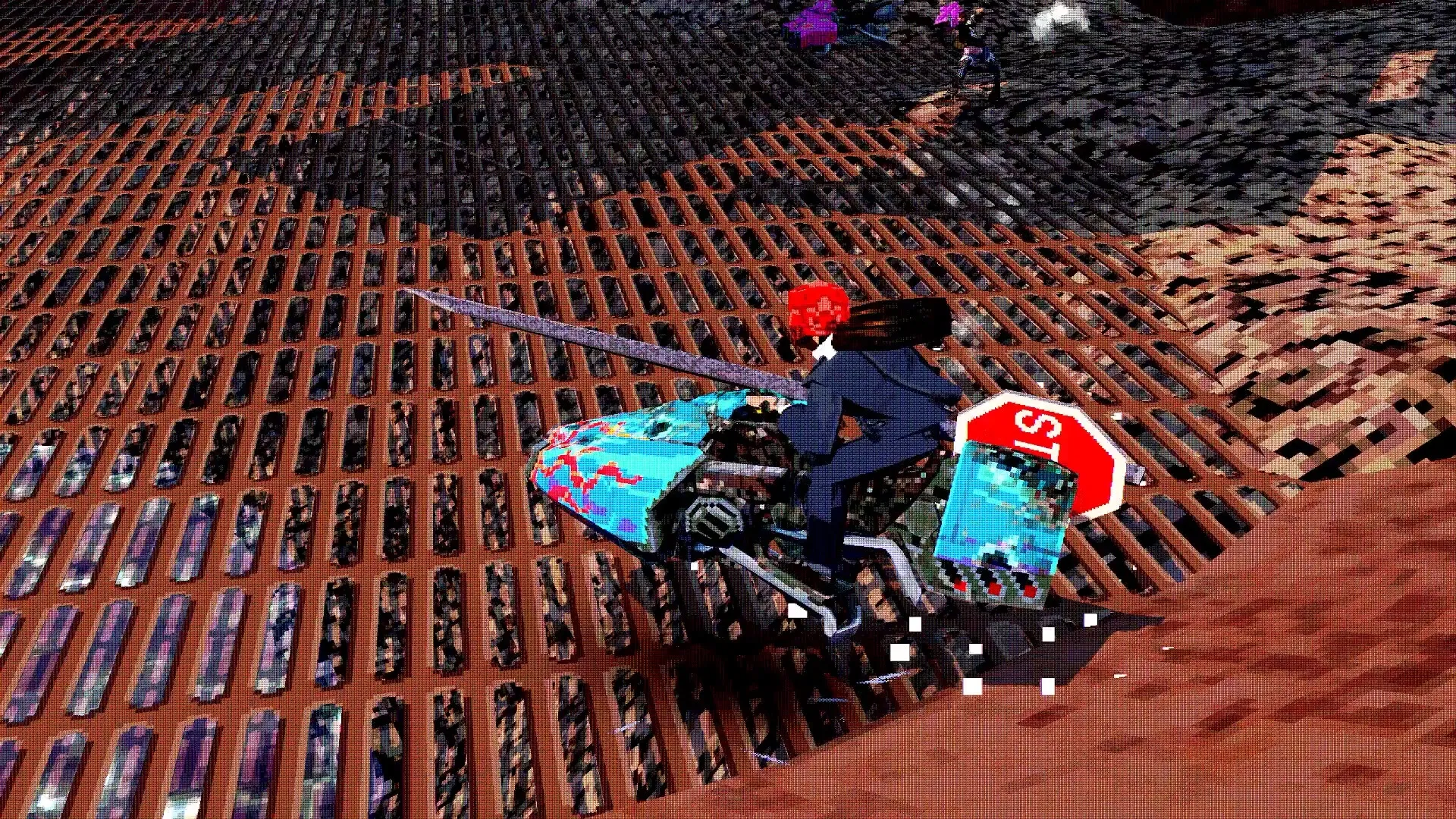 Airframe Ultra: Racer with katana on blue airframe speeding across gritty industrial metal terrain
