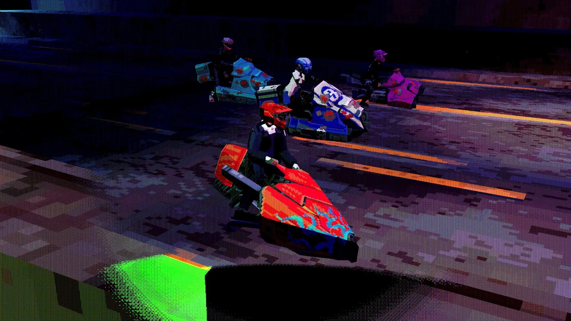Airframe Ultra: Four racers on futuristic bikes speed through a dimly lit urban track in Megacity West.