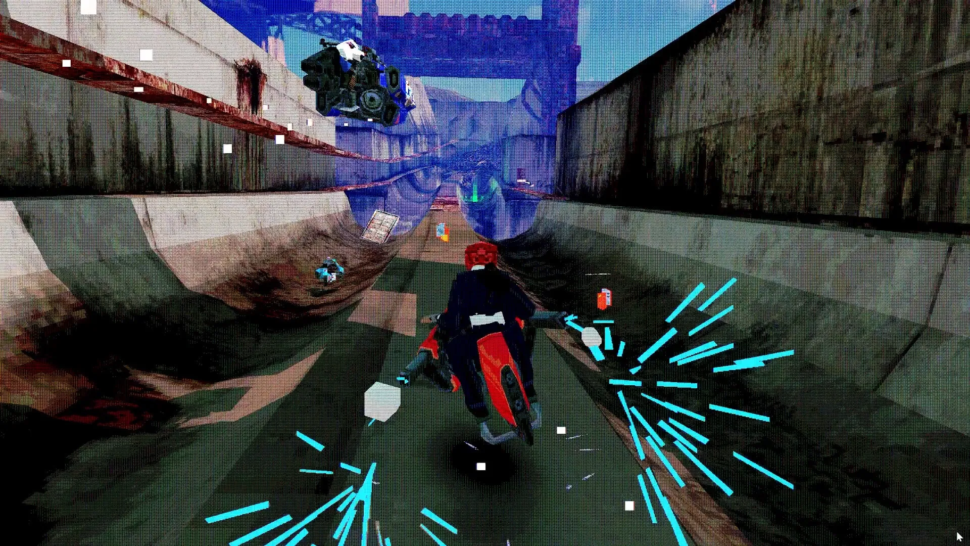 Airframe Ultra: Racer on airframe speeds through industrial tunnel, dodging obstacles and collecting items.