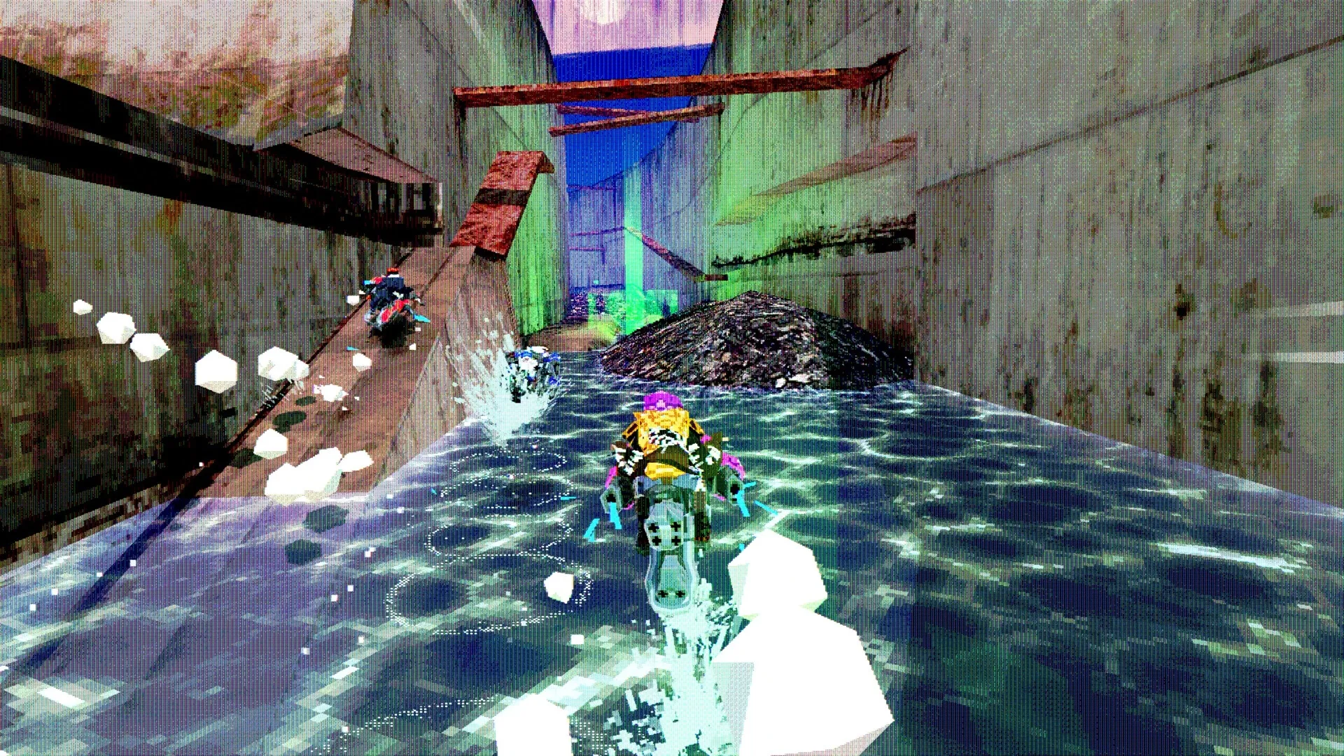 Airframe Ultra: Two racers speed through a narrow, water-filled industrial canal in Megacity West.