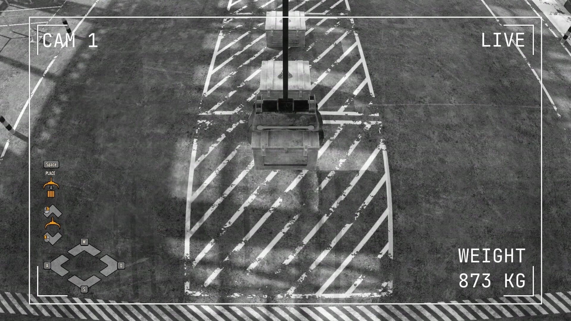 Airport Contraband: Overhead camera view of cargo inspection area with crates and weight display at 873 KG.