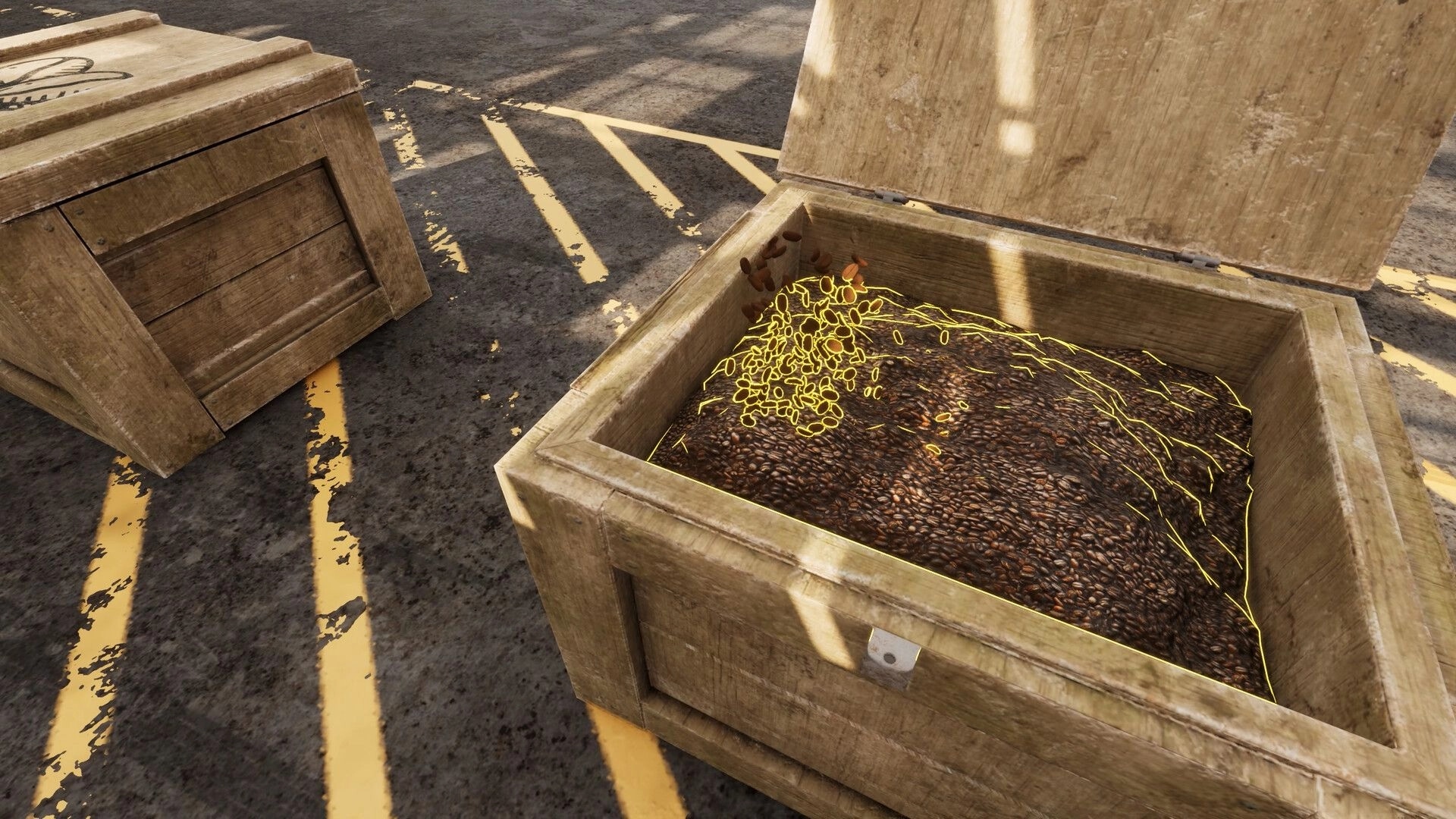 Airport Contraband: Open crate revealing hidden coffee beans in the cargo area at Caldora Airport
