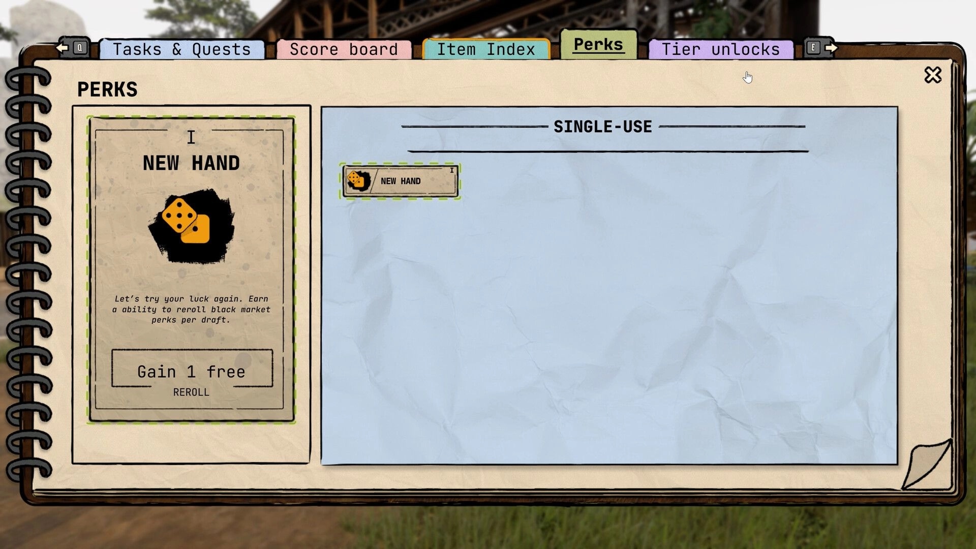 Airport Contraband: Perks menu with "New Hand" option and tabs for tasks, scores, and tier unlocks