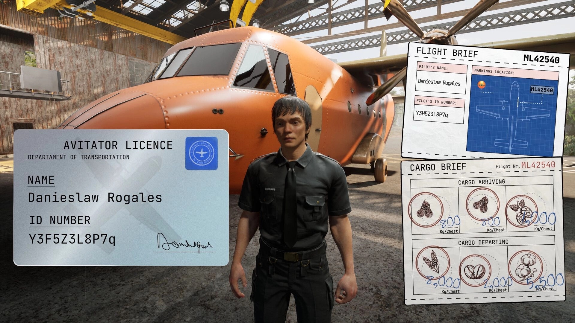 Airport Contraband: Customs officer inspects aviator license near a plane in a bustling hangar.