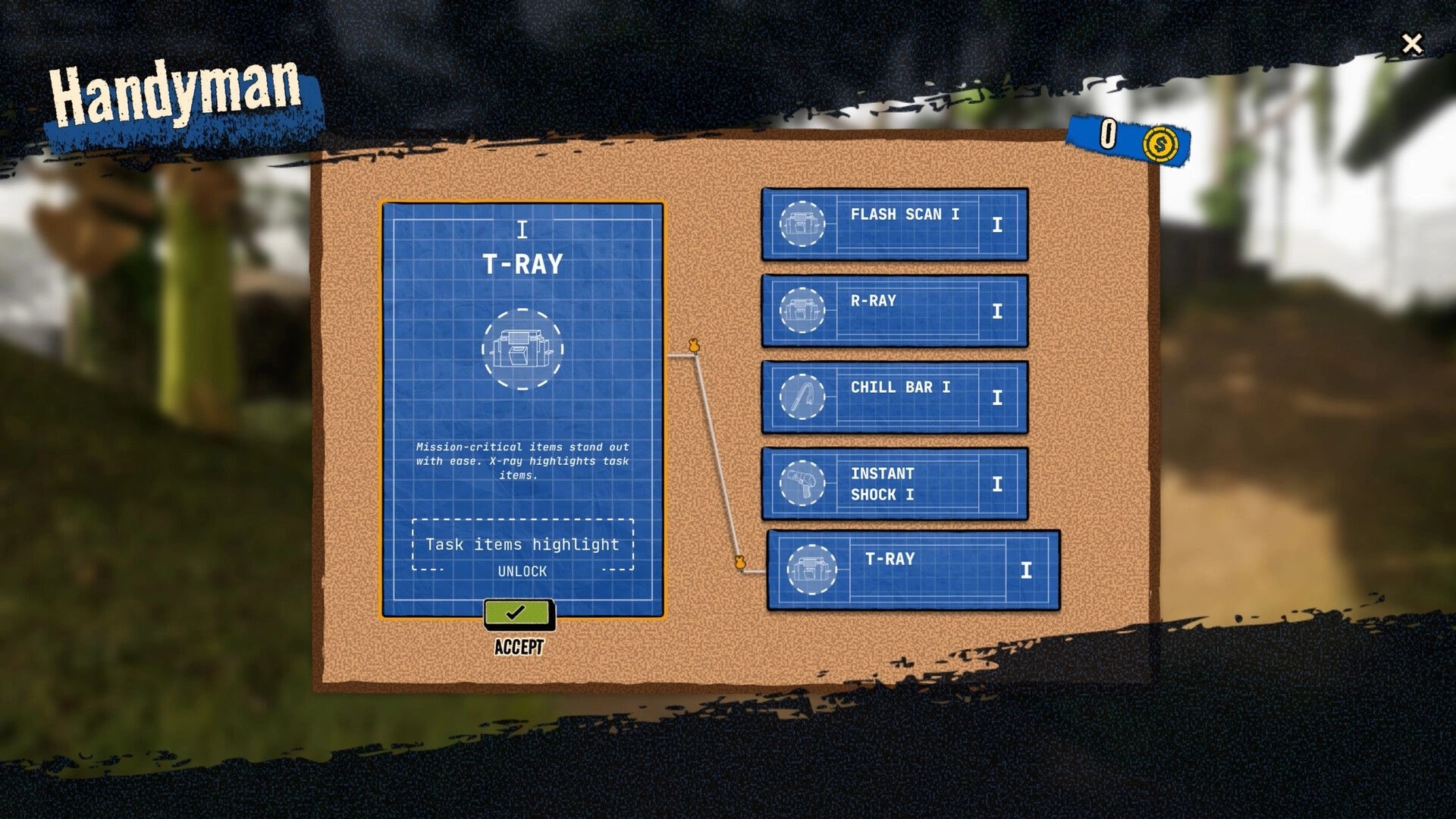 Airport Contraband: Upgrade menu with T-RAY and other items displayed in a blueprint-style interface