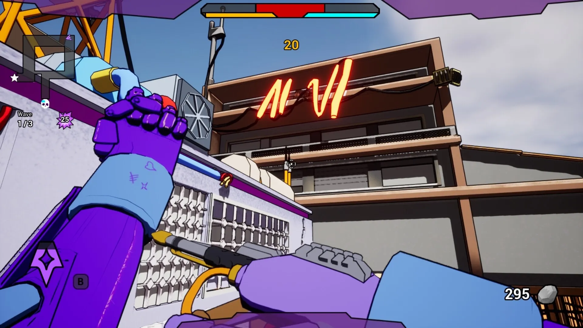 AI.VI: Mercenary robot AIVI reloading weapon during wave defense, neon sign and HUD elements visible