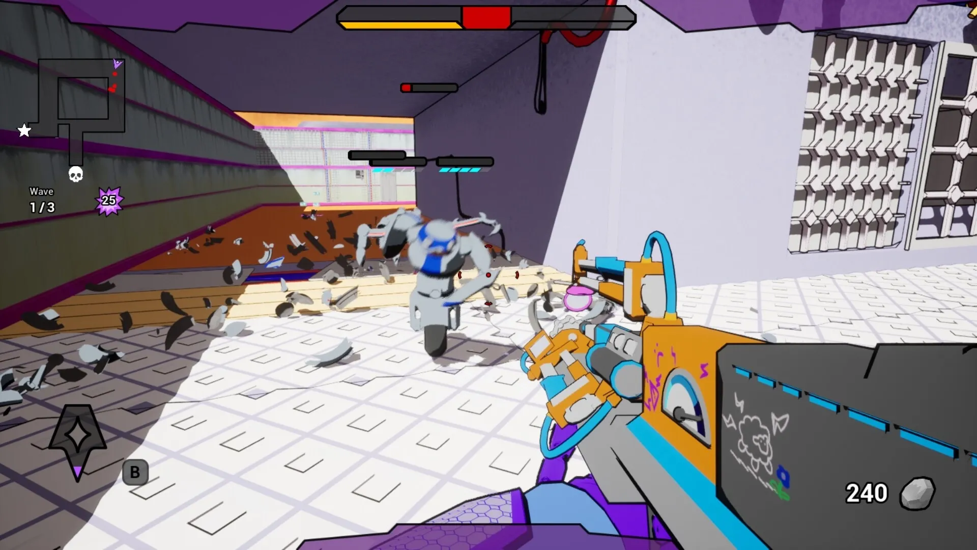 AI.VI: First-person combat in a corridor with enemy robots and visible health bars, map, and wave info