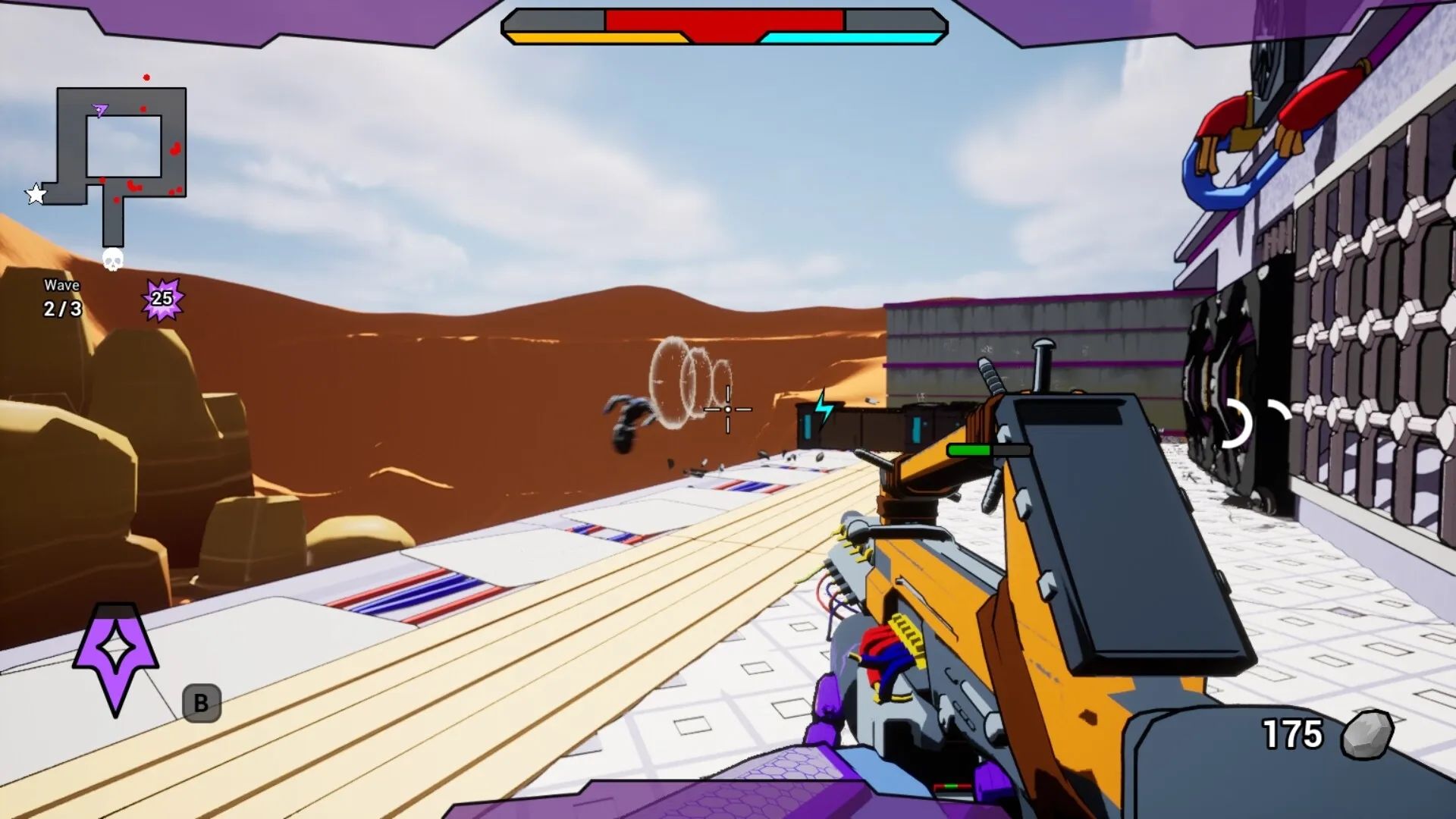 AI.VI: First-person view with weapon aiming at enemy robots in desert environment, health bar visible