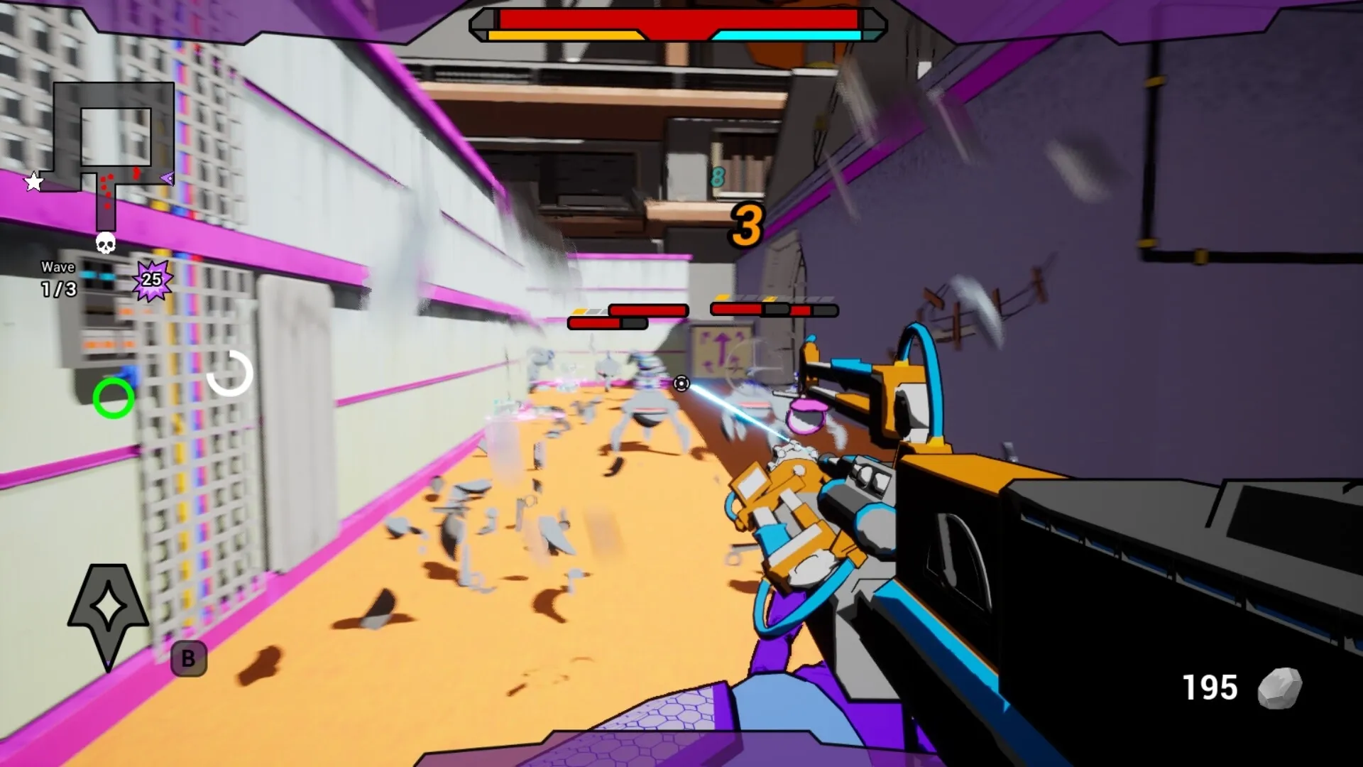 AI.VI: AIVI firing at enemy robots in a narrow corridor with health bars and wave indicators visible