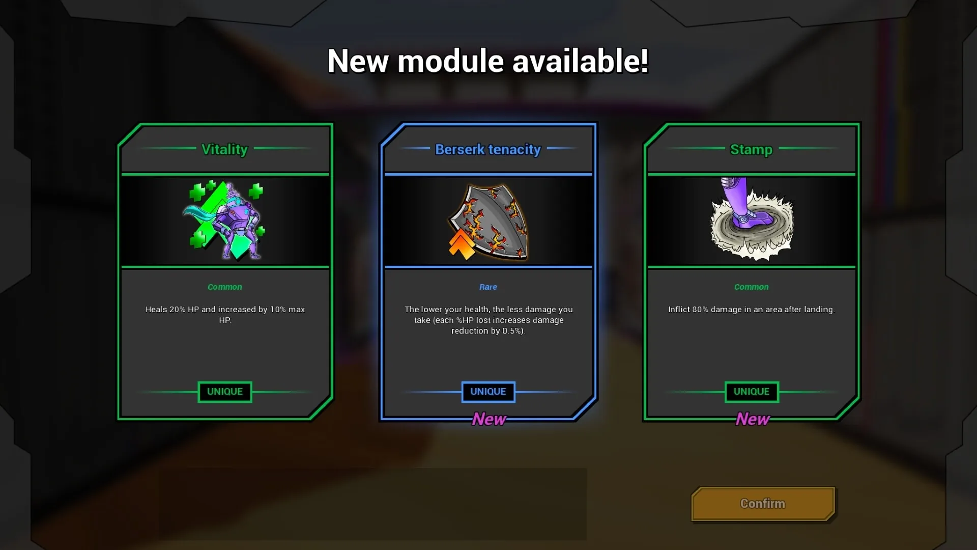 AI.VI: New module selection screen displaying Vitality, Berserk Tenacity, and Stamp options