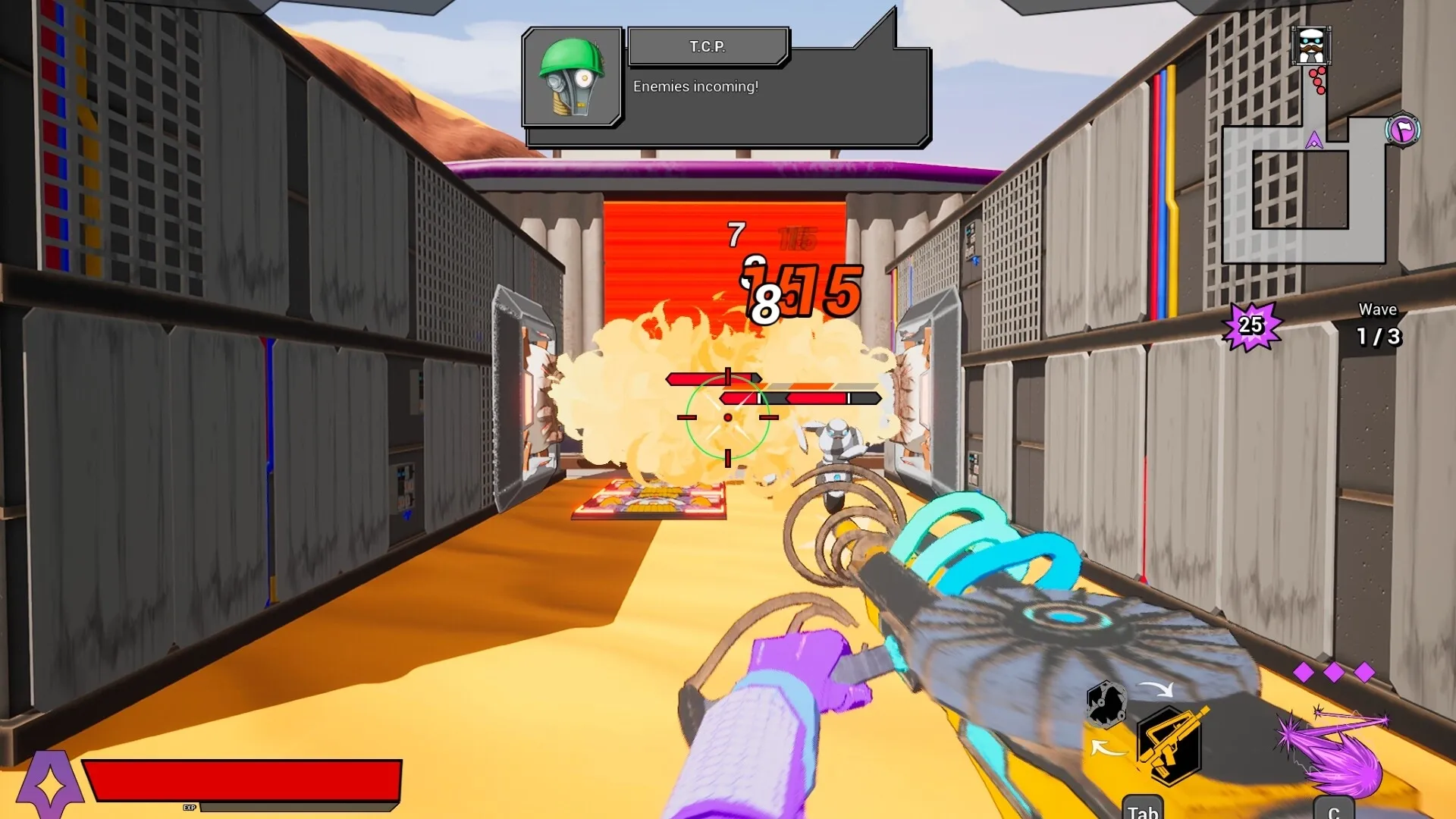 AI.VI: First-person combat with robot enemies in a corridor, weapon UI and health bar visible