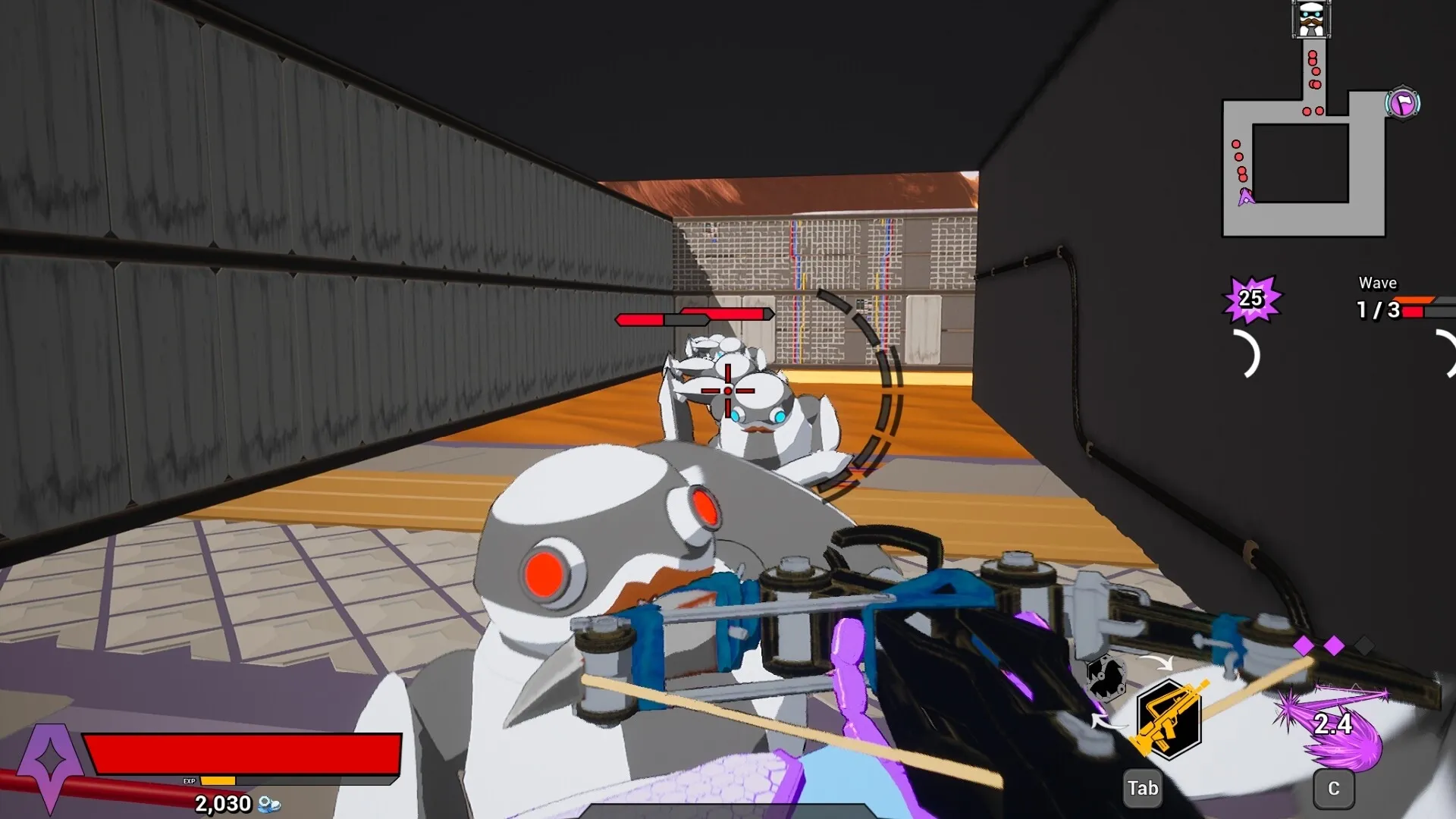 AI.VI: Mercenary robot AIVI targets enemy robots in a narrow corridor, with UI elements displaying health.