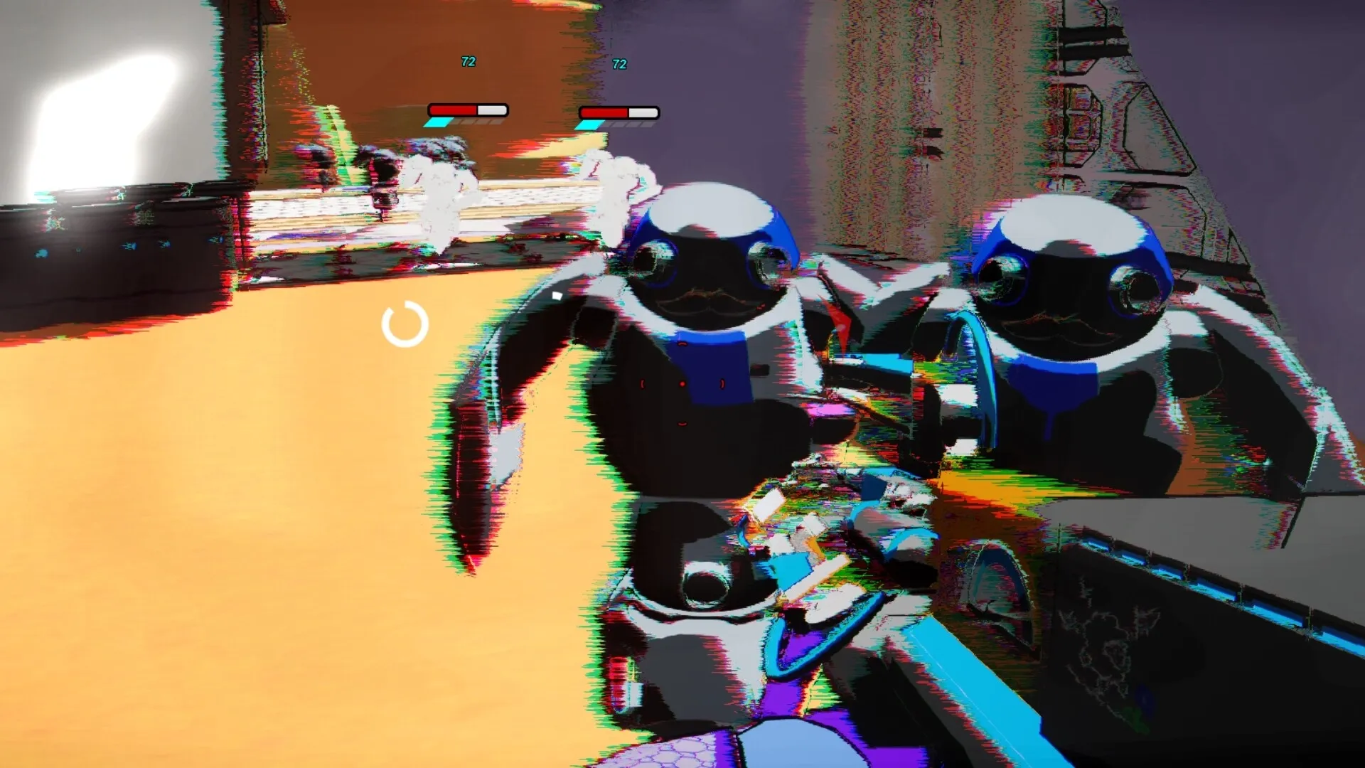 AI.VI: Mercenary robot AIVI in glitchy first-person combat with enemy robots in industrial setting