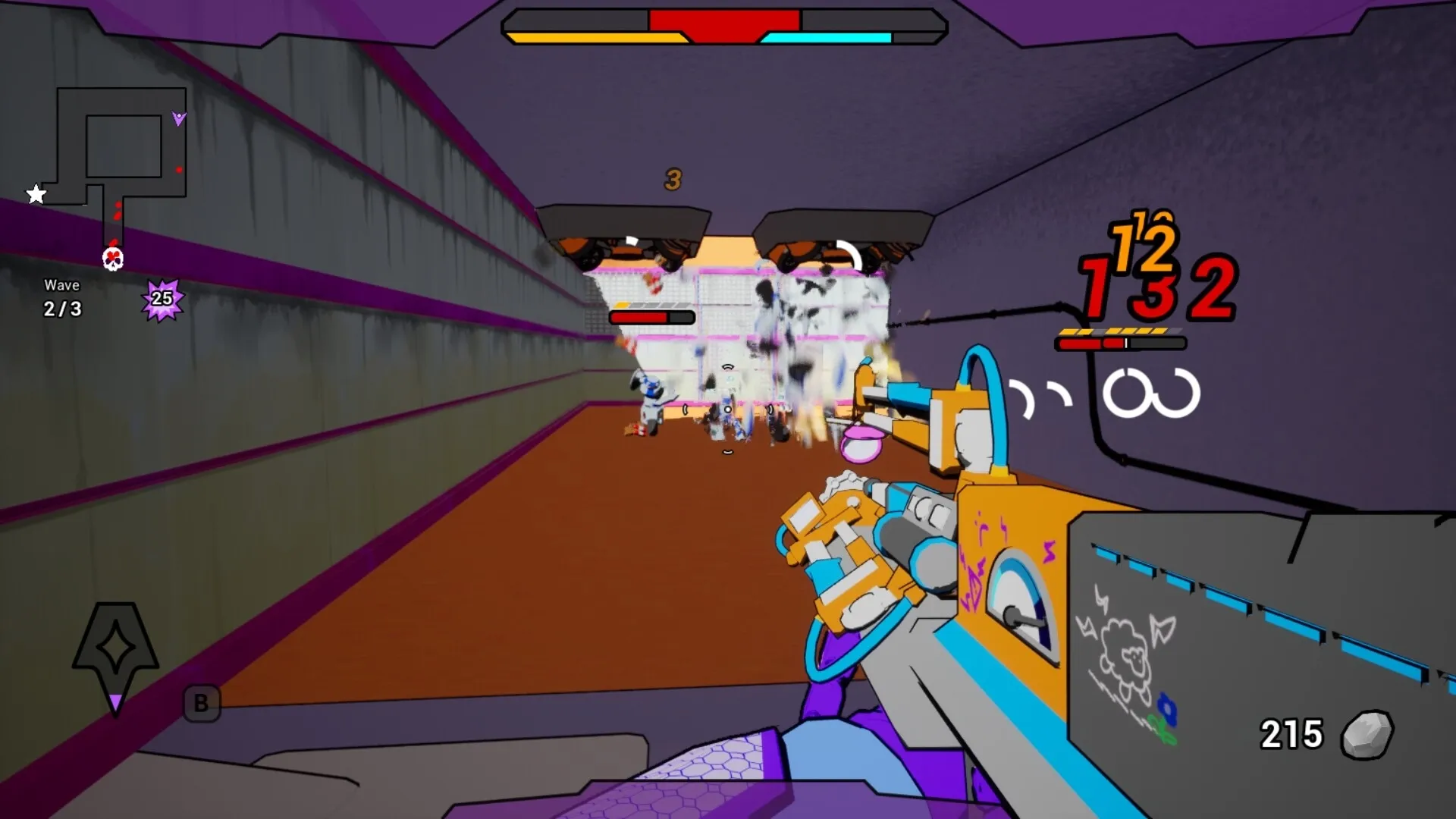 AI.VI: First-person combat with AIVI firing at enemy robots in a narrow corridor, HUD elements visible
