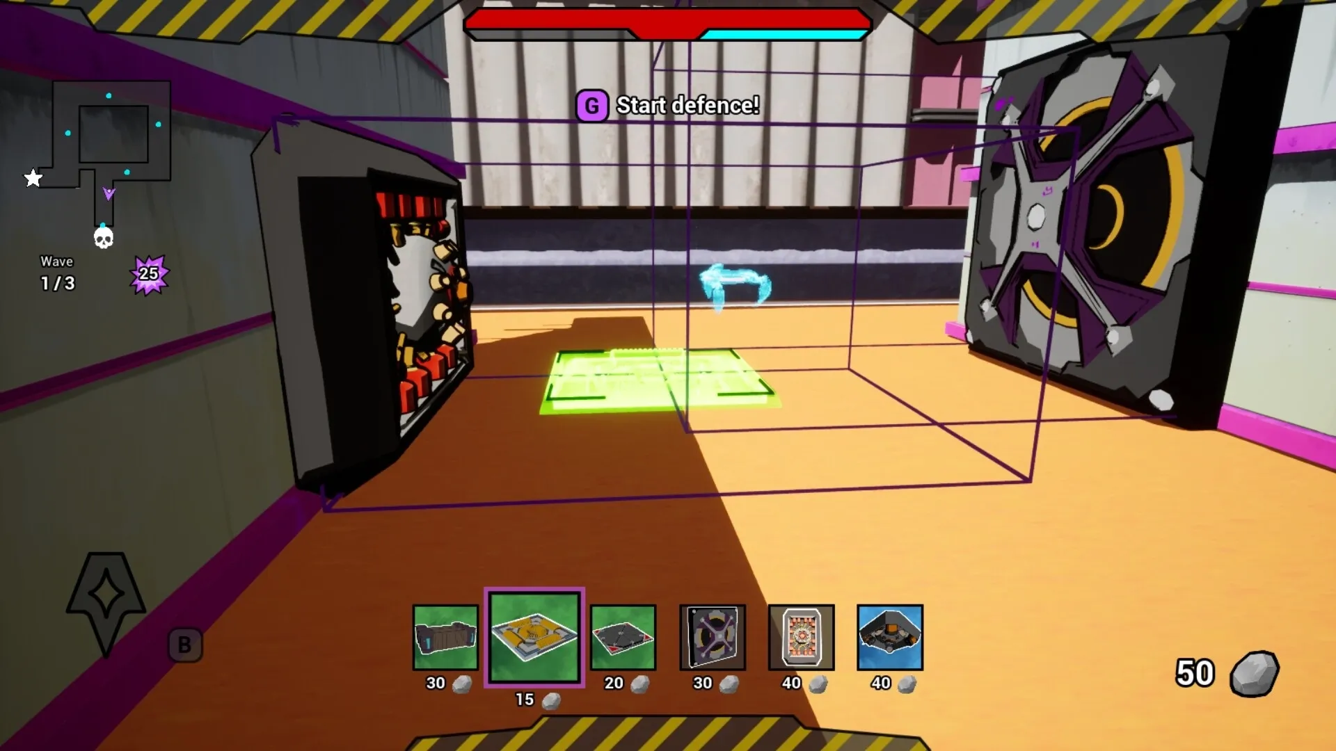 AI.VI: Strategic placement of defenses with visible inventory and wave details in a factory setting