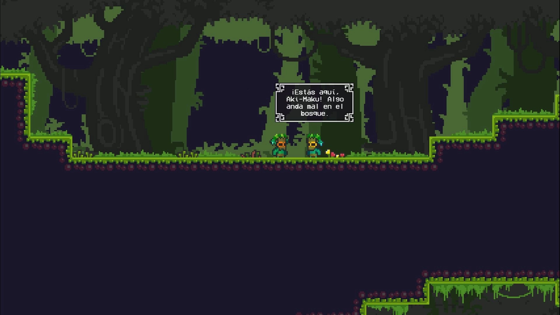 Akaku Forest: Aki-Maku converses with another spirit amidst towering trees and a lush, dark forest backdrop.