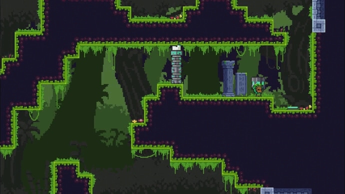 Akaku Forest: Aki-Maku explores vine-covered caverns with stone pillars and a mysterious ladder.