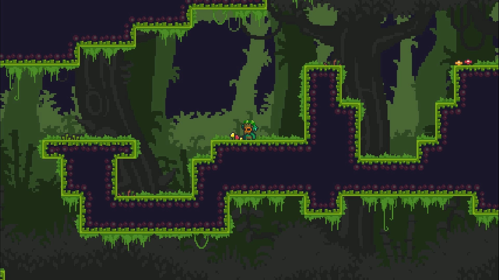 Akaku Forest: Aki-Maku explores a lush, pixelated forest platform with vibrant foliage and mushrooms.