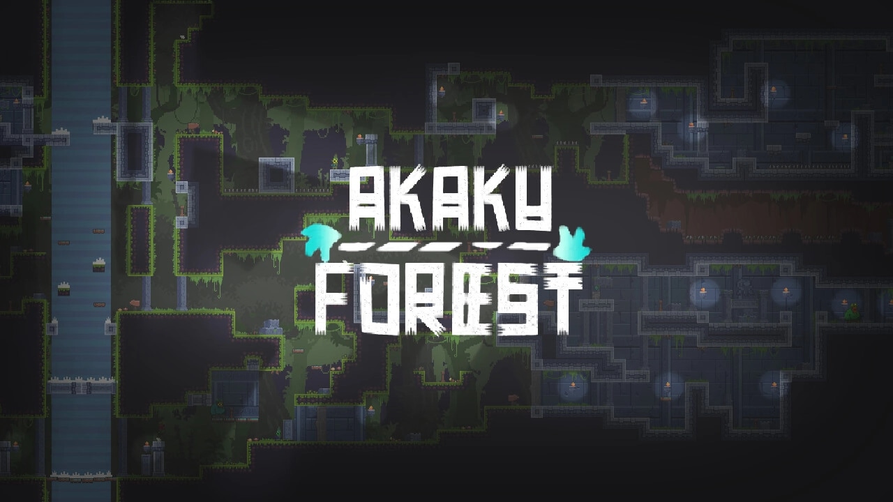 Akaku Forest: Game title screen overlaid on intricate forest maze with platforms and pathways