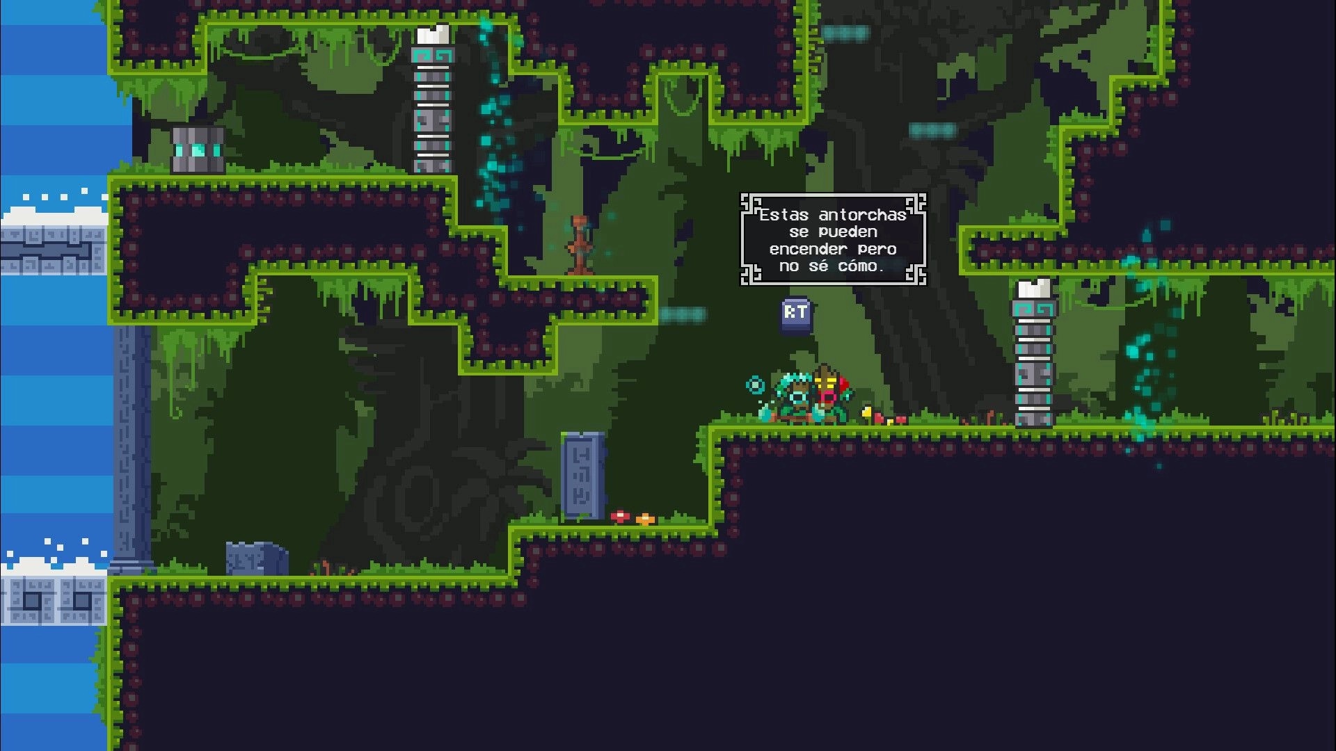 Akaku Forest: Aki-Maku explores puzzle area with glowing torches and dialogue in lush forest setting